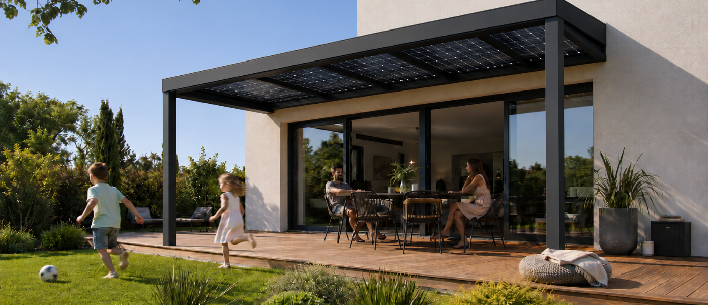 Une famille profite d'une journée ensoleillée sur une terrasse moderne équipée d'une pergola à panneaux solaires, tandis que deux enfants jouent sur la pelouse à proximité.