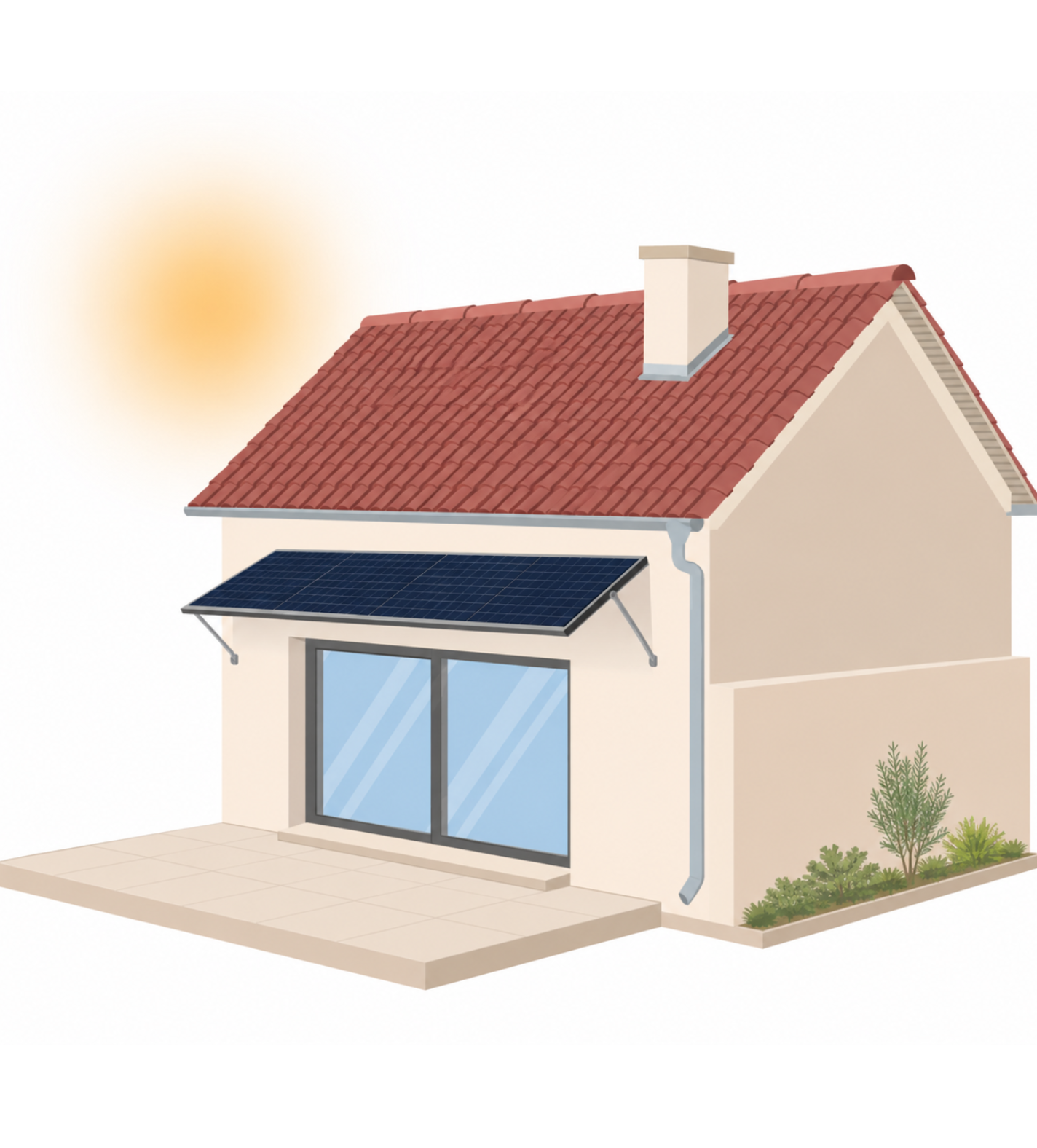 Illustration d'une petite maison au toit de tuiles rouges, avec un auvent équipé de panneaux solaires au-dessus de grandes fenêtres et un jardin baigné de soleil.