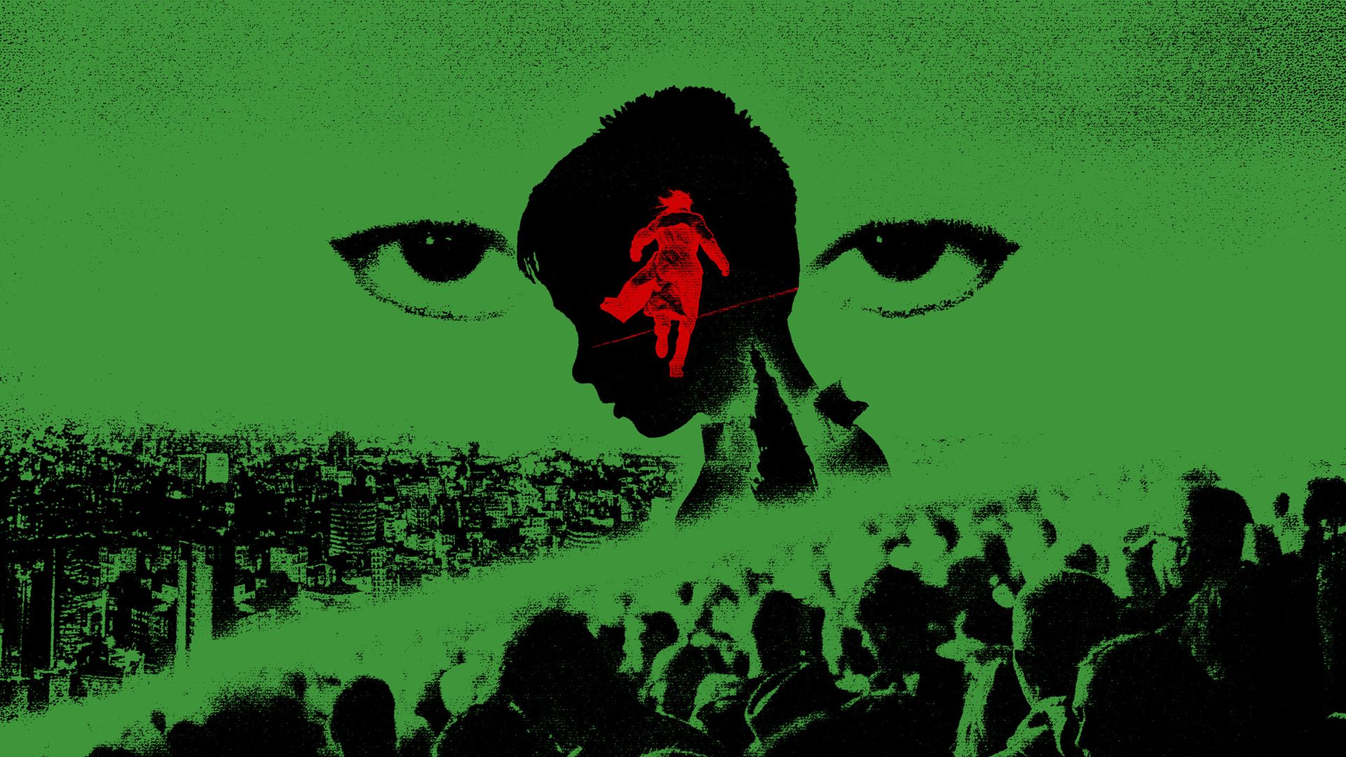 A green-and-black collage: a child’s silhouetted head in profile, flanked by two large staring eyes, with a small red figure running inside the head. Below are a dense cityscape and a crowd of people.