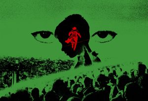 A green-and-black collage: a child’s silhouetted head in profile, flanked by two large staring eyes, with a small red figure running inside the head. Below are a dense cityscape and a crowd of people.