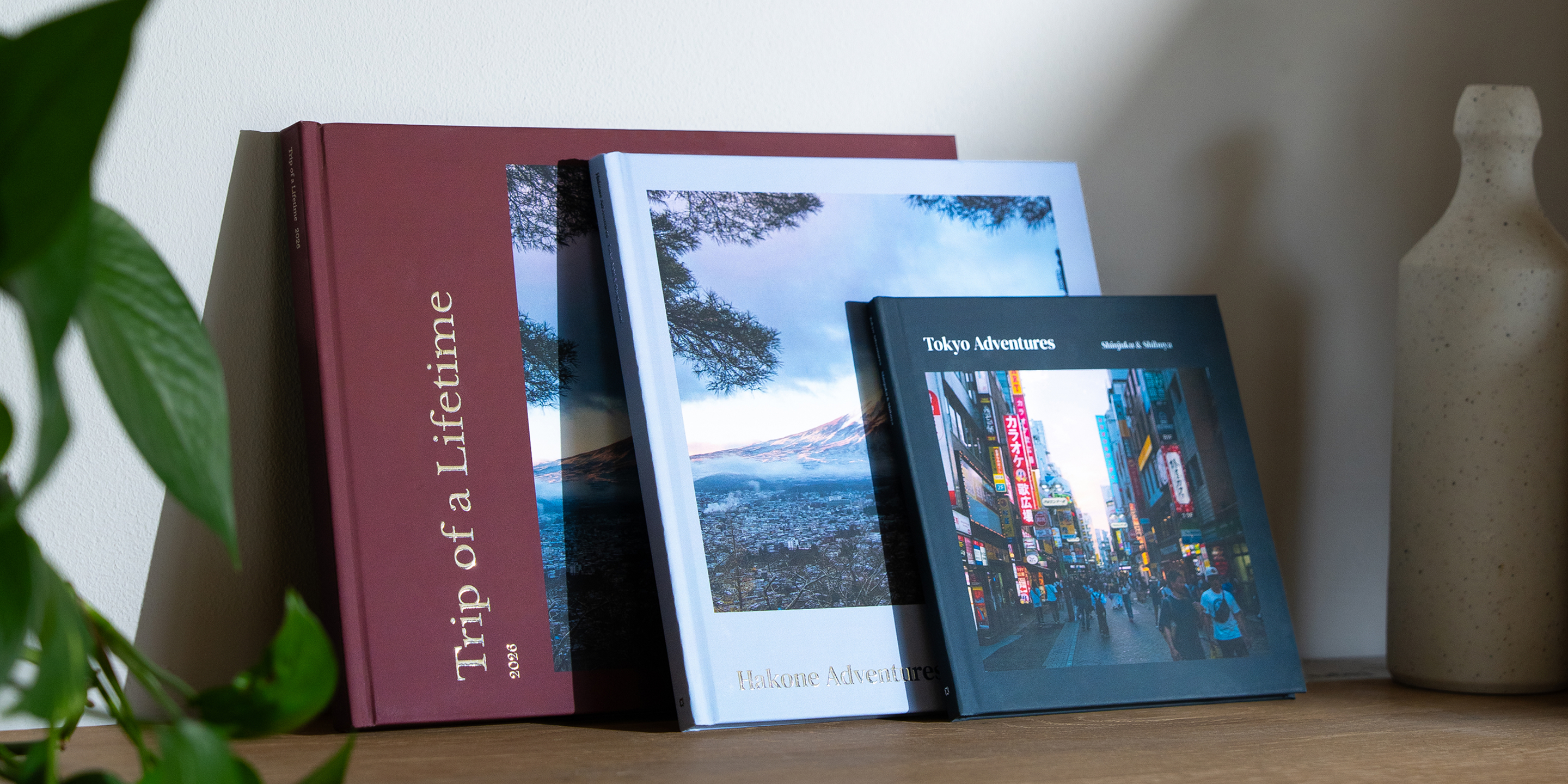 Varios fotolibros de viaje con portadas rígidas y tamaños distintos sobre una estantería