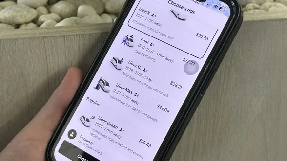 A hand holds a smartphone displaying a ride-sharing app with various ride options and prices, set against a background of smooth white stones.