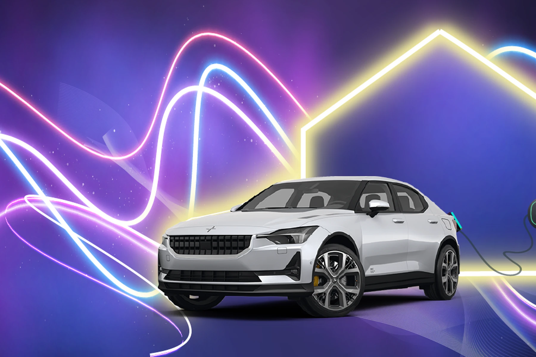A white electric car plugged into a charging station, set against a vibrant background with neon light trails and a glowing house outline.
