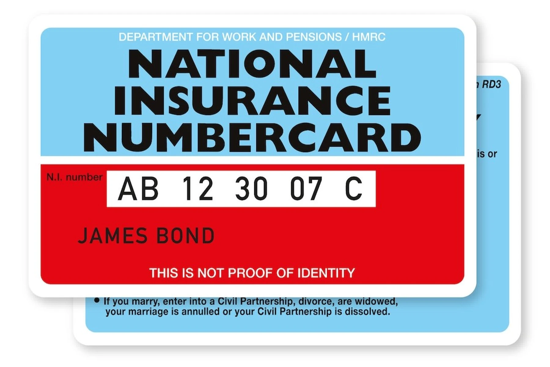 A sample National Insurance number card with the name "James Bond" and number "AB 12 30 07 C." Text indicates it's not proof of identity.