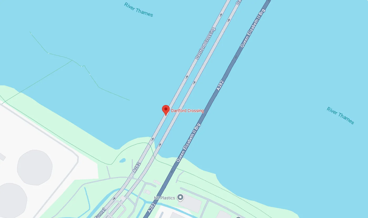 Map showing the Dartford Crossing over the River Thames, with roads and surrounding areas visible.