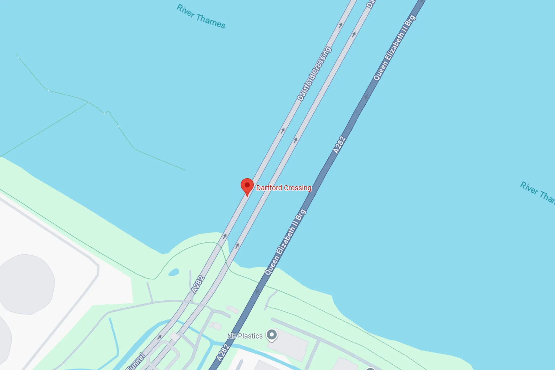 Map showing the Dartford Crossing over the River Thames, with roads and surrounding areas visible.