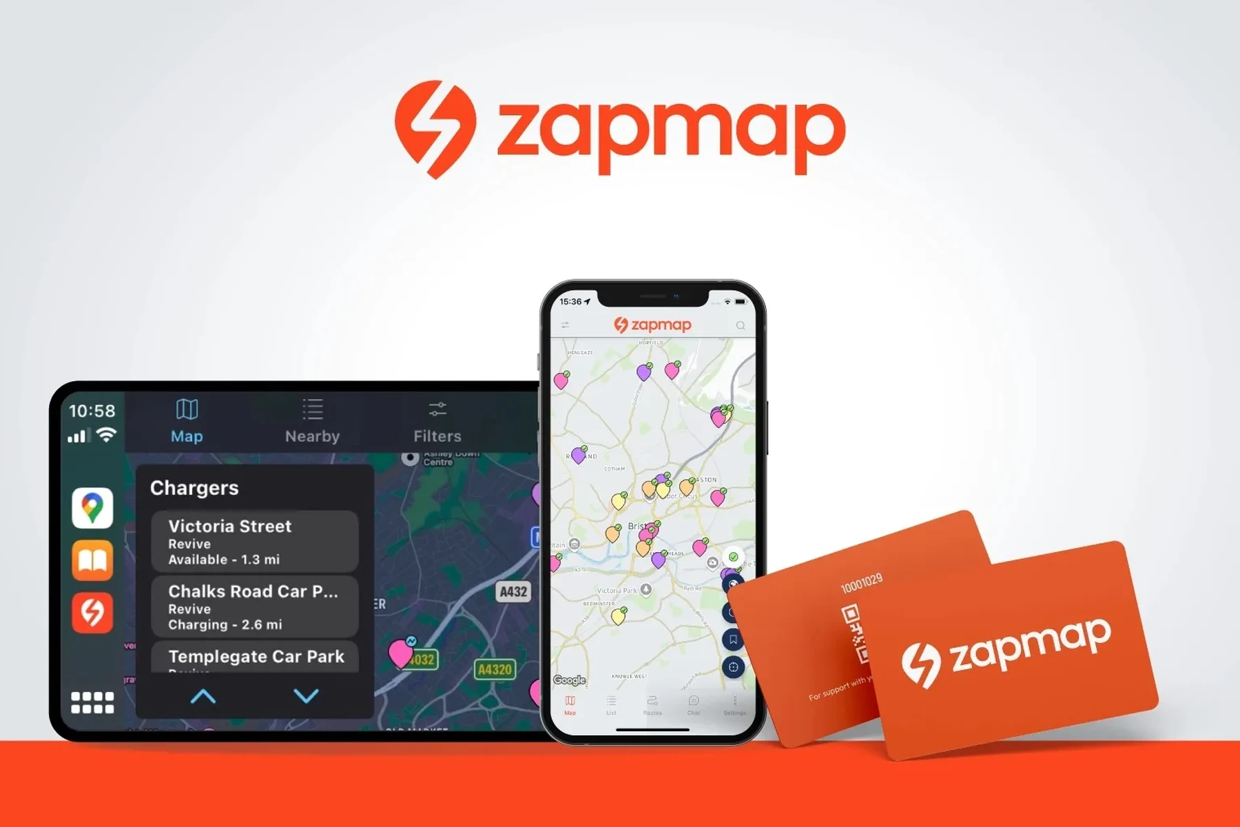 Zapmap logo above a smartphone and car display showing maps with EV charger locations, beside two orange Zapmap cards.