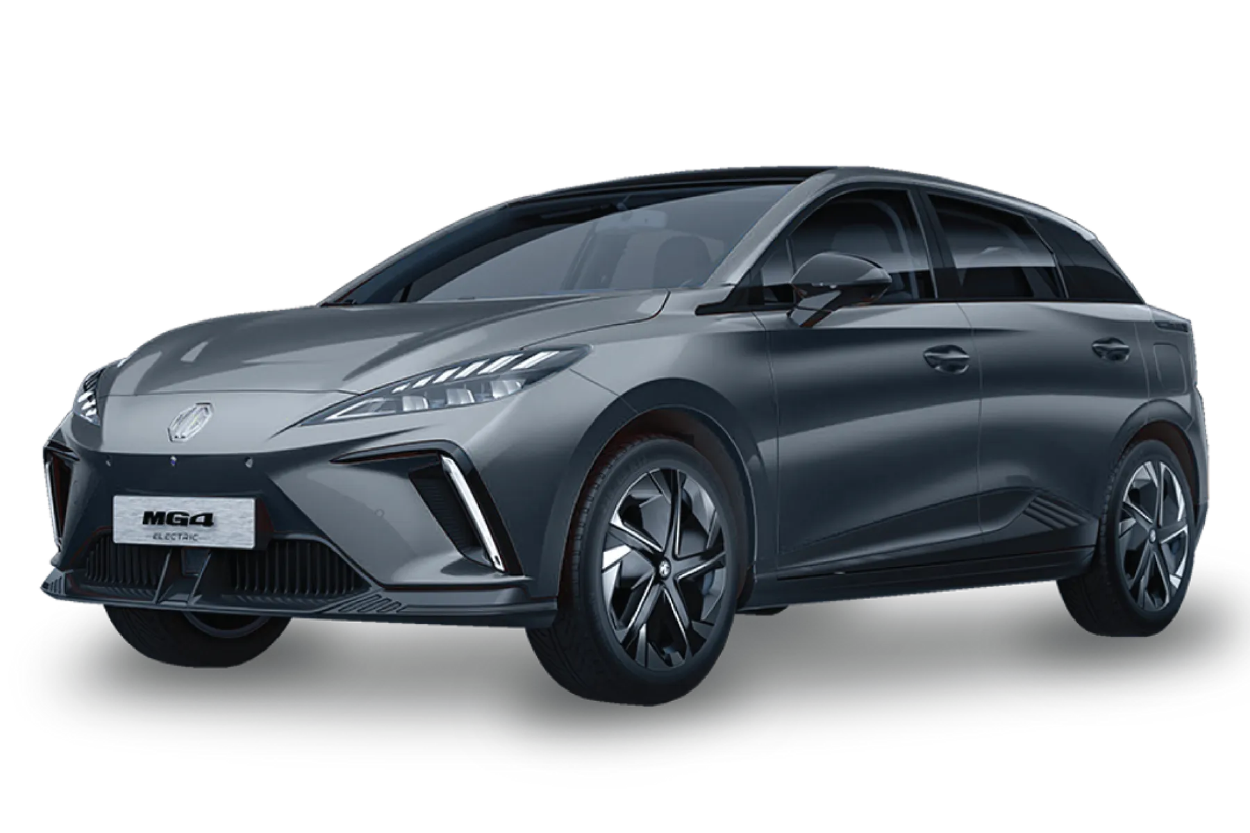 A sleek, silver MG4 electric car with a modern design, featuring sharp headlights and aerodynamic lines, viewed from the front-right angle.