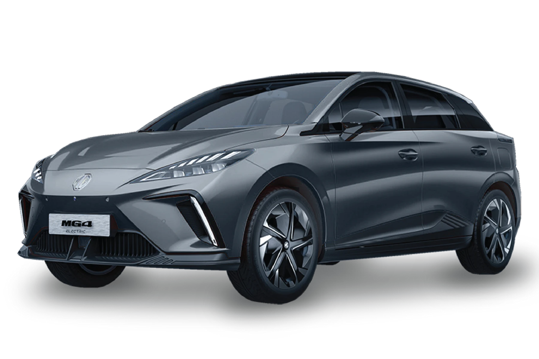 A sleek, silver MG4 electric car with a modern design, featuring sharp headlights and aerodynamic lines, viewed from the front-right angle.