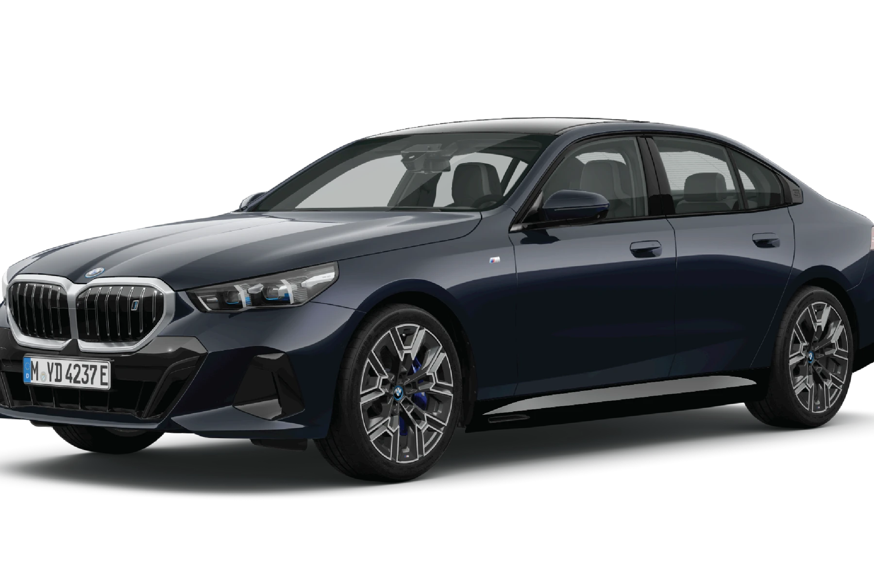 A sleek, dark-colored luxury BMW i5 sedan with a modern design, featuring distinctive headlights and a prominent grille, viewed from the front side.