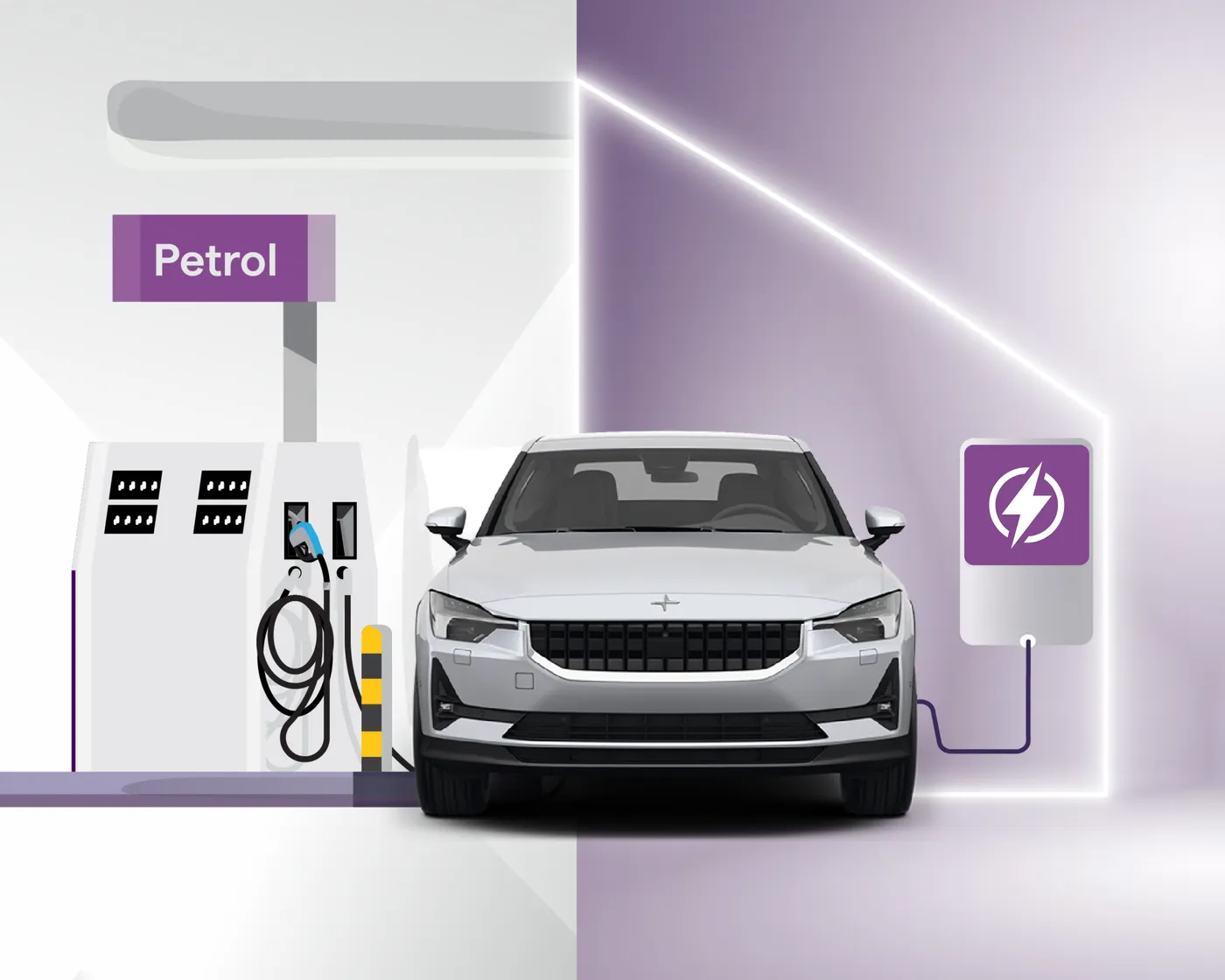 A car is positioned between a petrol pump and an electric charging station, symbolizing the transition from traditional to electric vehicles.