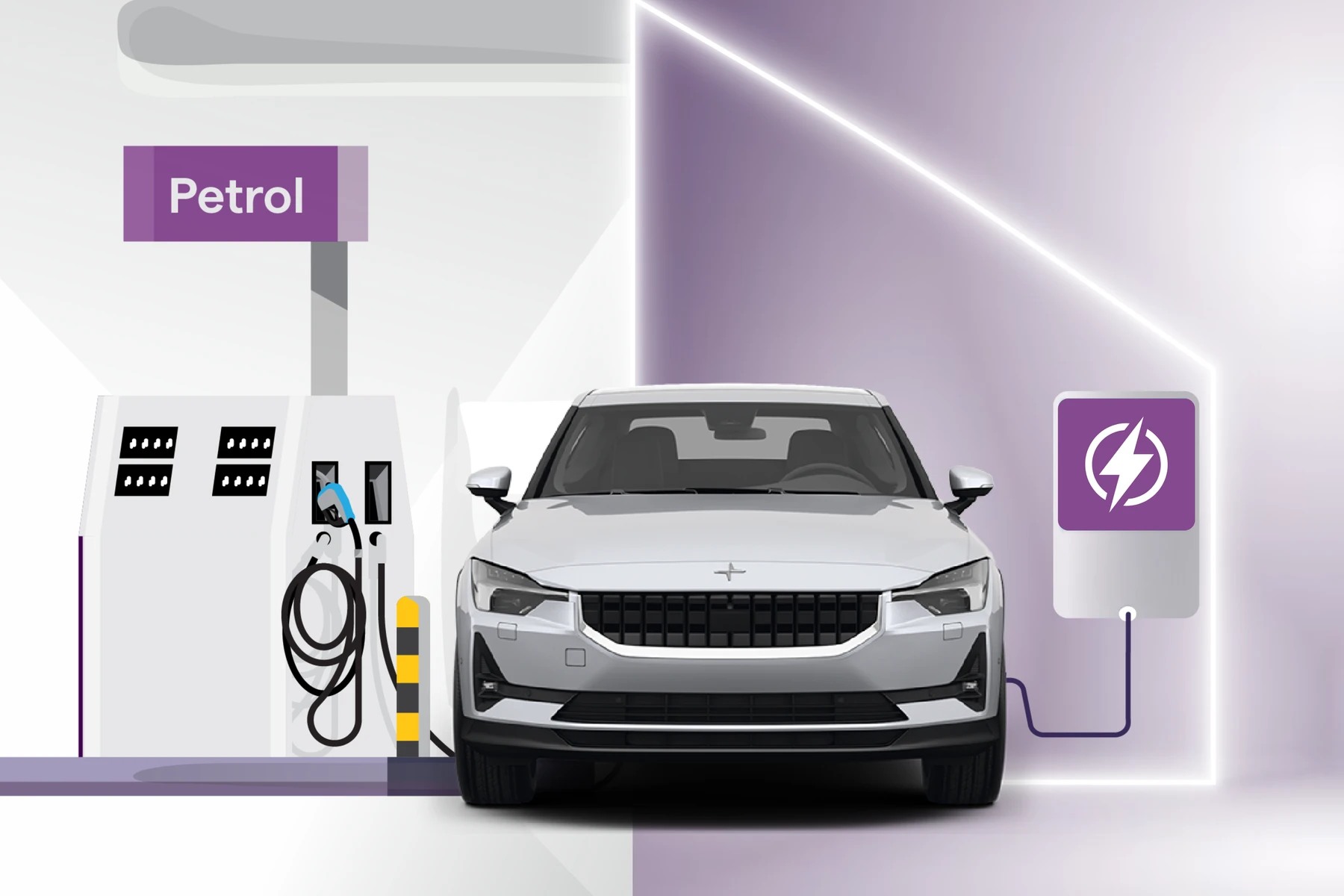 A car is positioned between a petrol pump and an electric charging station, symbolizing the transition from traditional to electric vehicles.