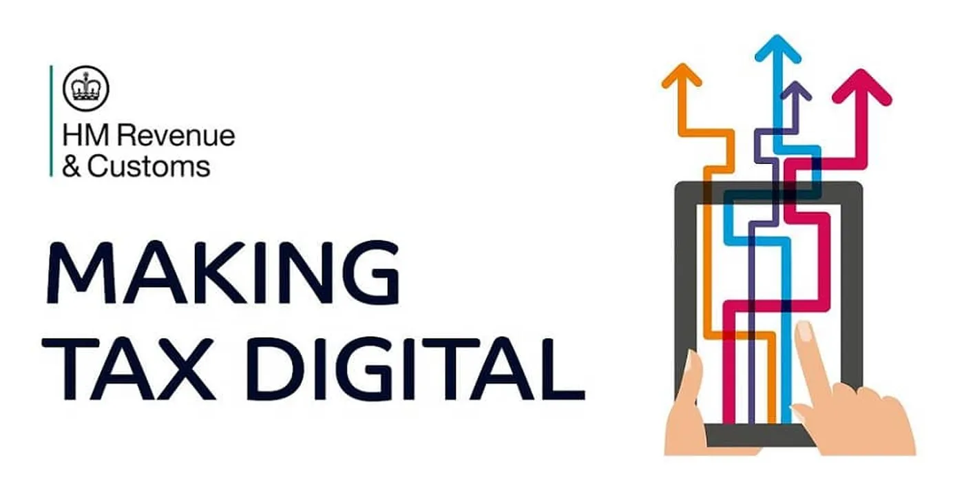 Graphic of hands holding a tablet with colorful arrows pointing upward, alongside "HM Revenue & Customs" and "MAKING TAX DIGITAL" text.