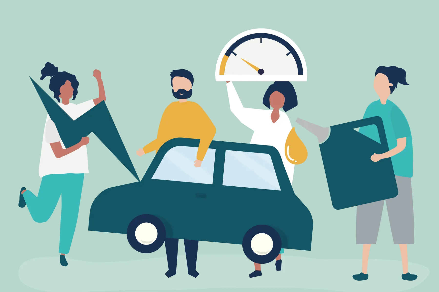 Stylized illustration of four people around an electric car, one holding a speed gauge, another a lightning bolt and a charging plug.