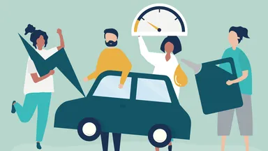 Stylized illustration of four people around an electric car, one holding a speed gauge, another a lightning bolt and a charging plug.
