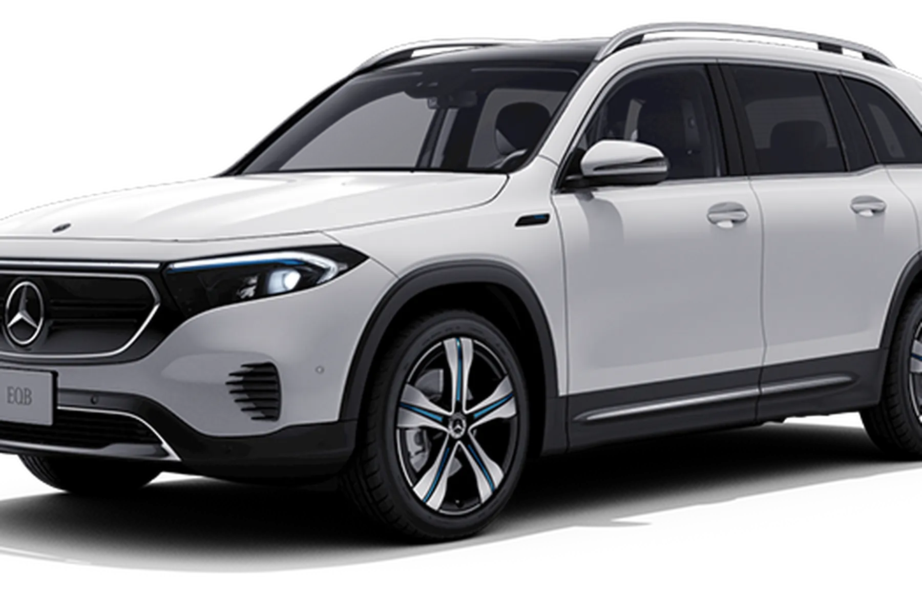 White Mercedes-Benz EQB SUV, front-side view, with sleek design, black accents, and prominent logo on grille.