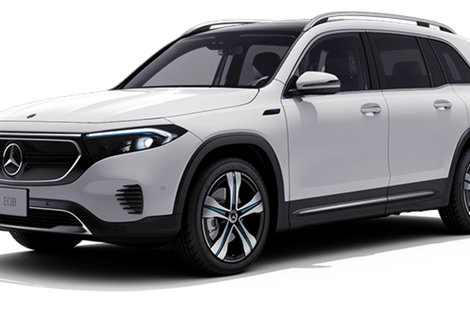 White Mercedes-Benz EQB SUV, front-side view, with sleek design, black accents, and prominent logo on grille.