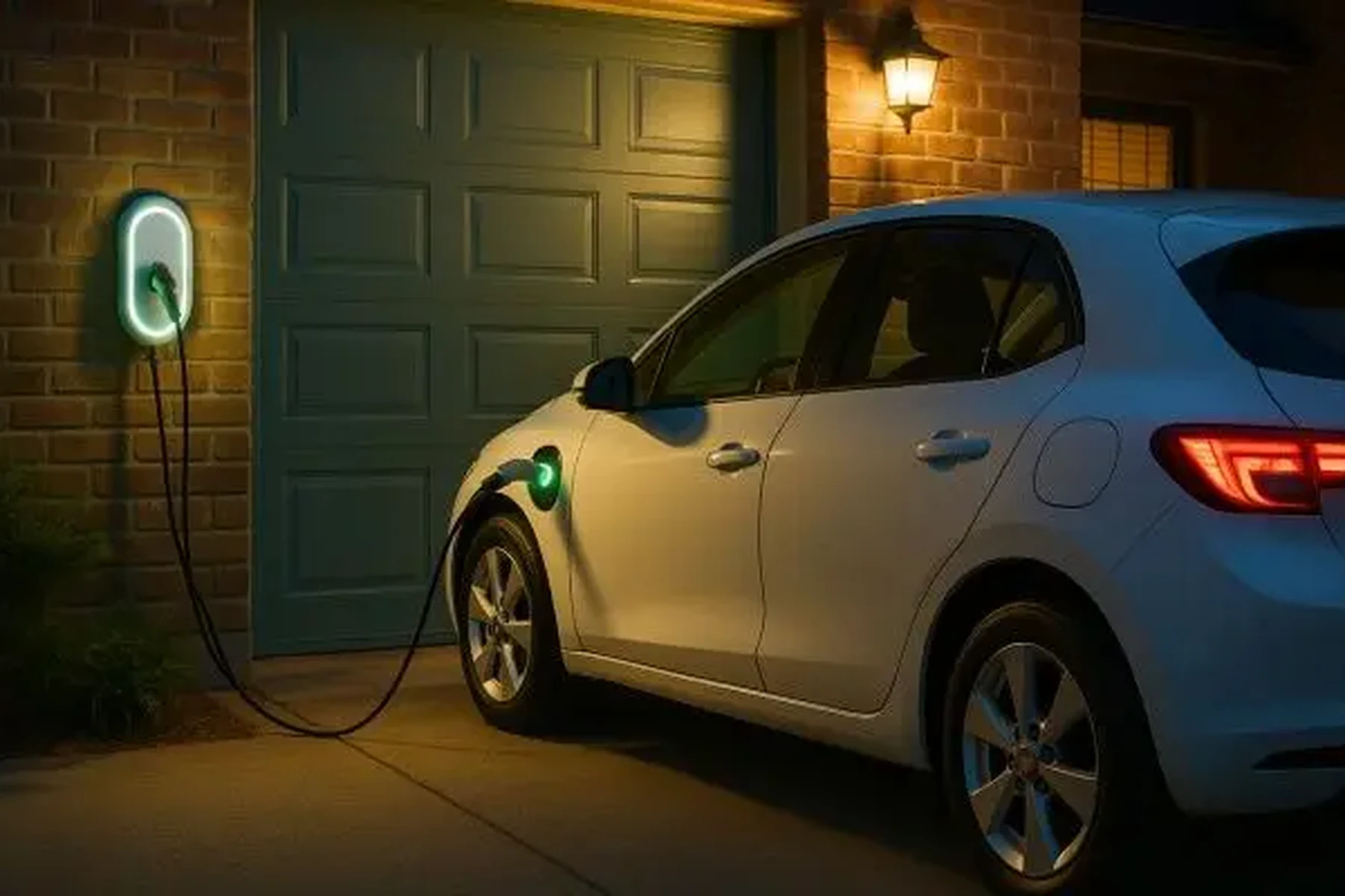 A white electric car is charging at a home charging station, mounted on a brick wall, in a dimly lit driveway.