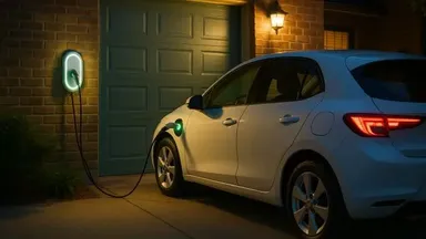 A white electric car is charging at a home charging station, mounted on a brick wall, in a dimly lit driveway.