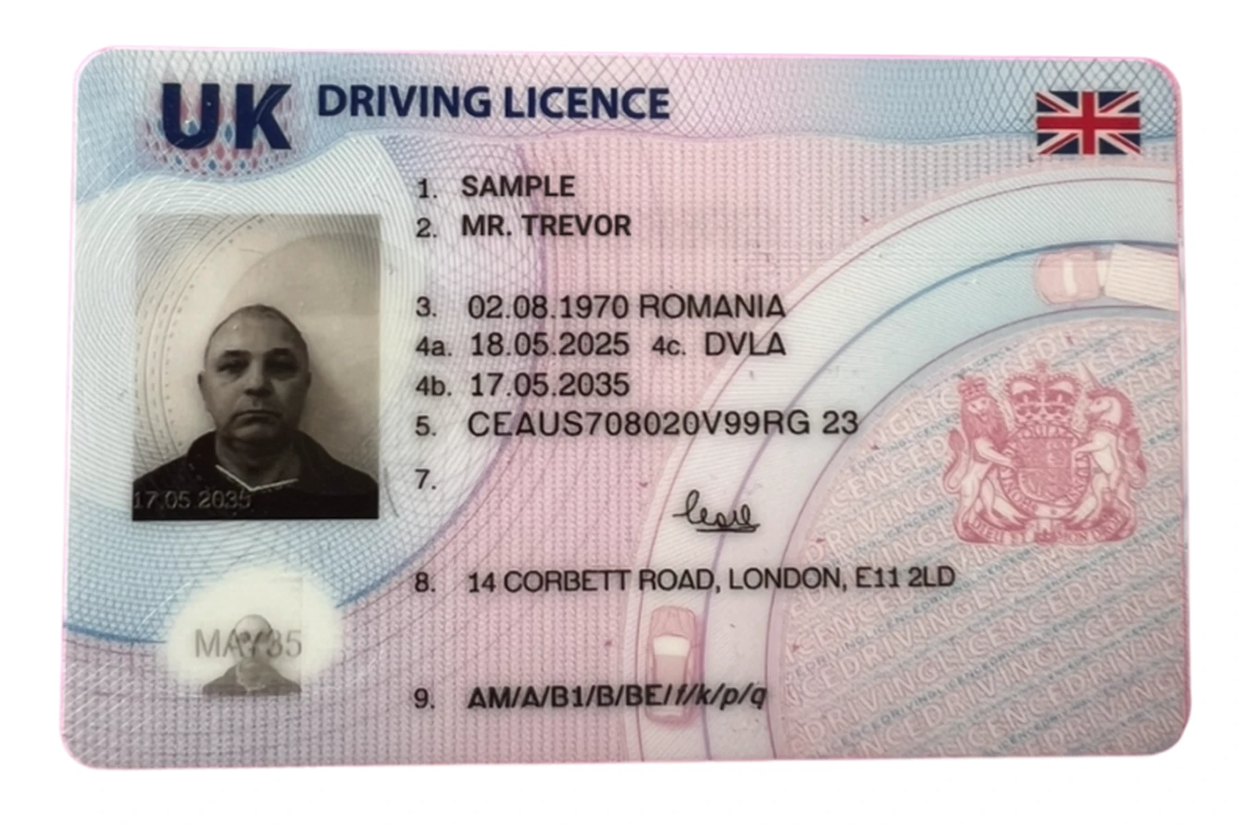 UK driving license with a photo, name "Sample," and details including date of birth, expiry date, and address. Features UK flag and holograms.