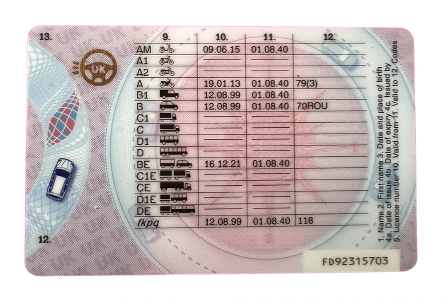 UK driver's license back with vehicle categories, icons, issue dates, and expiry dates. Features a holographic car and UK emblem.
