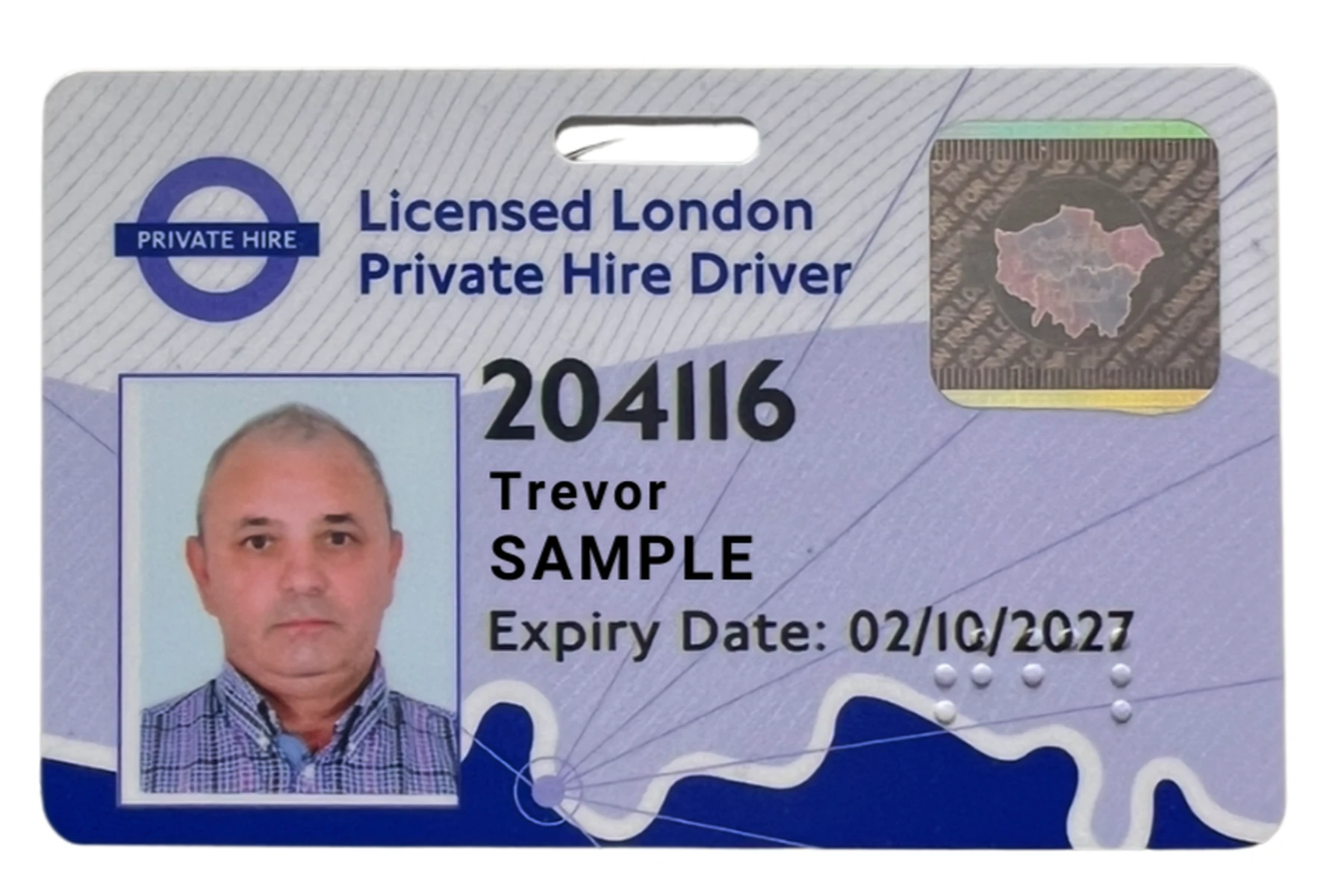 Example ID card for a Licensed London Private Hire Driver, with a photo and name "Trevor Sample." Expiry date: 02/10/2027.