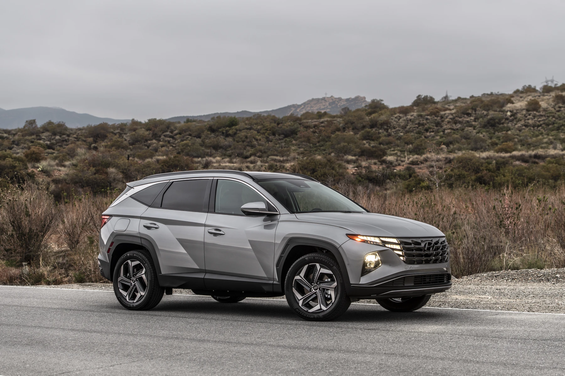 Gray SUV parked on a paved road, surrounded by dry bushes and mountainous landscape under an overcast sky.