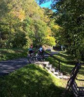 Zwei Radfahrer machen eine Pause an einem ruhigen Rastplatz entlang eines asphaltierten Weges, umgeben von Wald und hügeliger Landschaft.