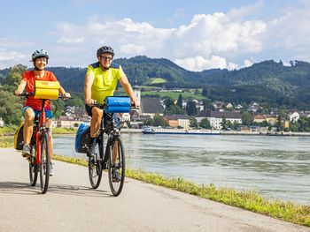 Zwei Radfahrer:innen am Donauradweg (EuroVelo 6) entlang der Donau; gegenüber eine Kleinstadt mit Kirchturm, dahinter grüne Hügel und Wolken.