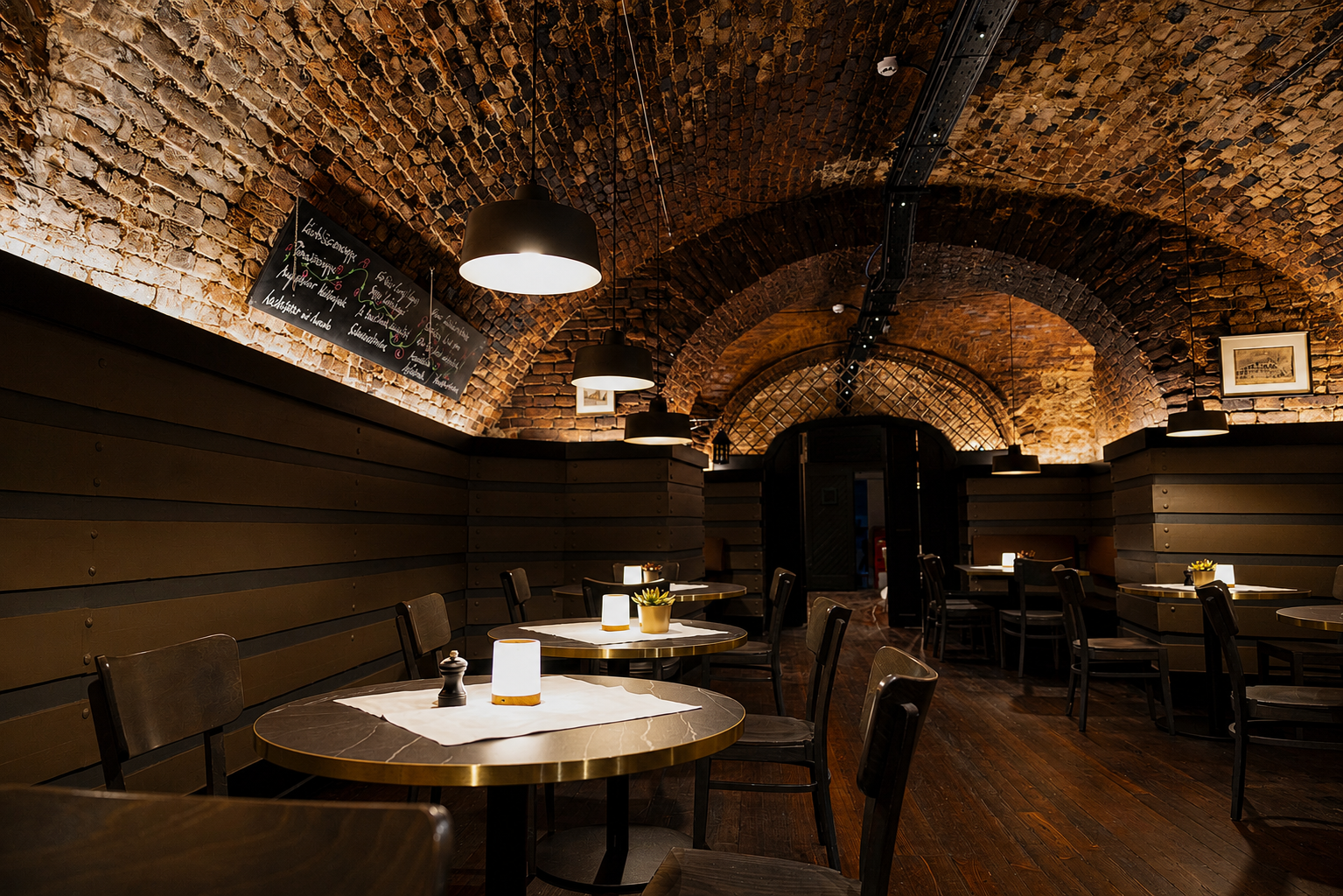 Cozy restaurant interior with arched brick ceiling, pendant lights, wooden tables and chairs, and chalkboard menus on the wall.