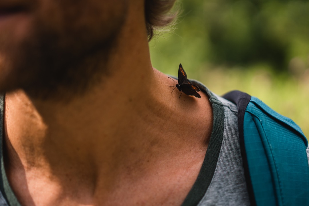 Ein Schmetterling sitzt auf dem Hals eines Mannes, dahinter Wald.