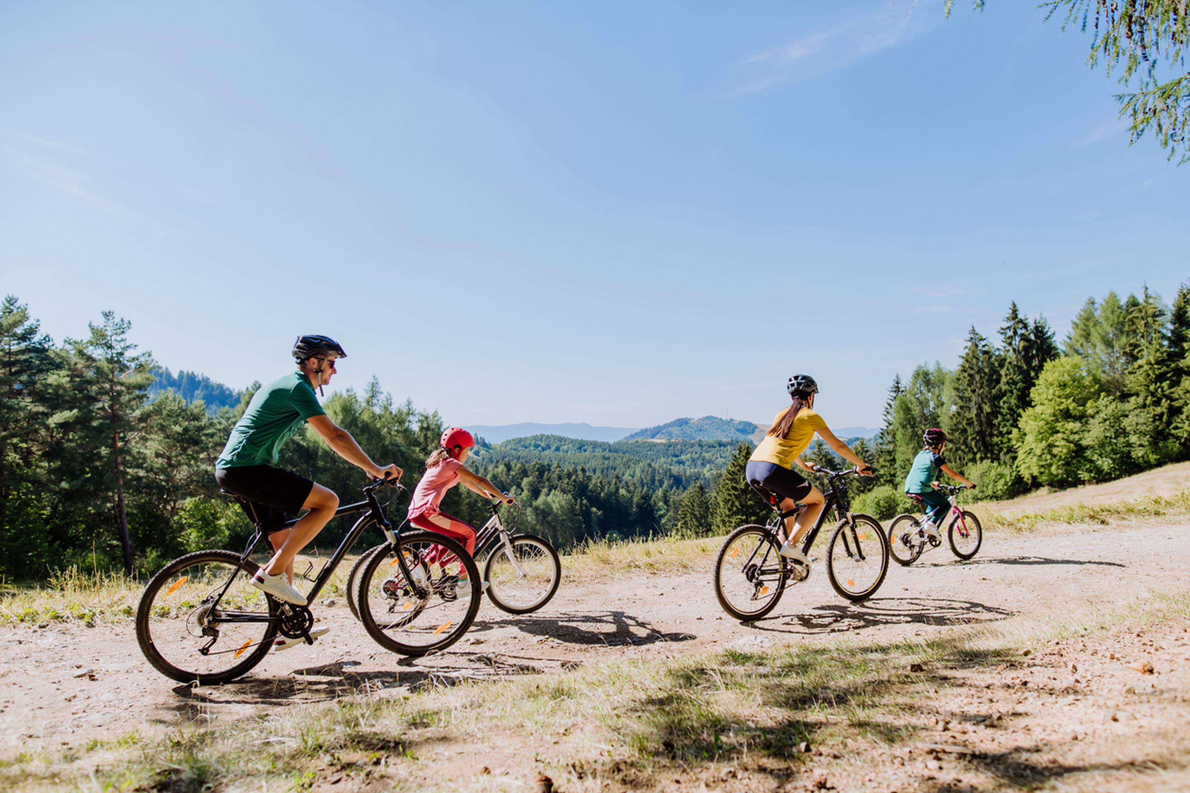 Familie macht eine Radtour durch die Berge