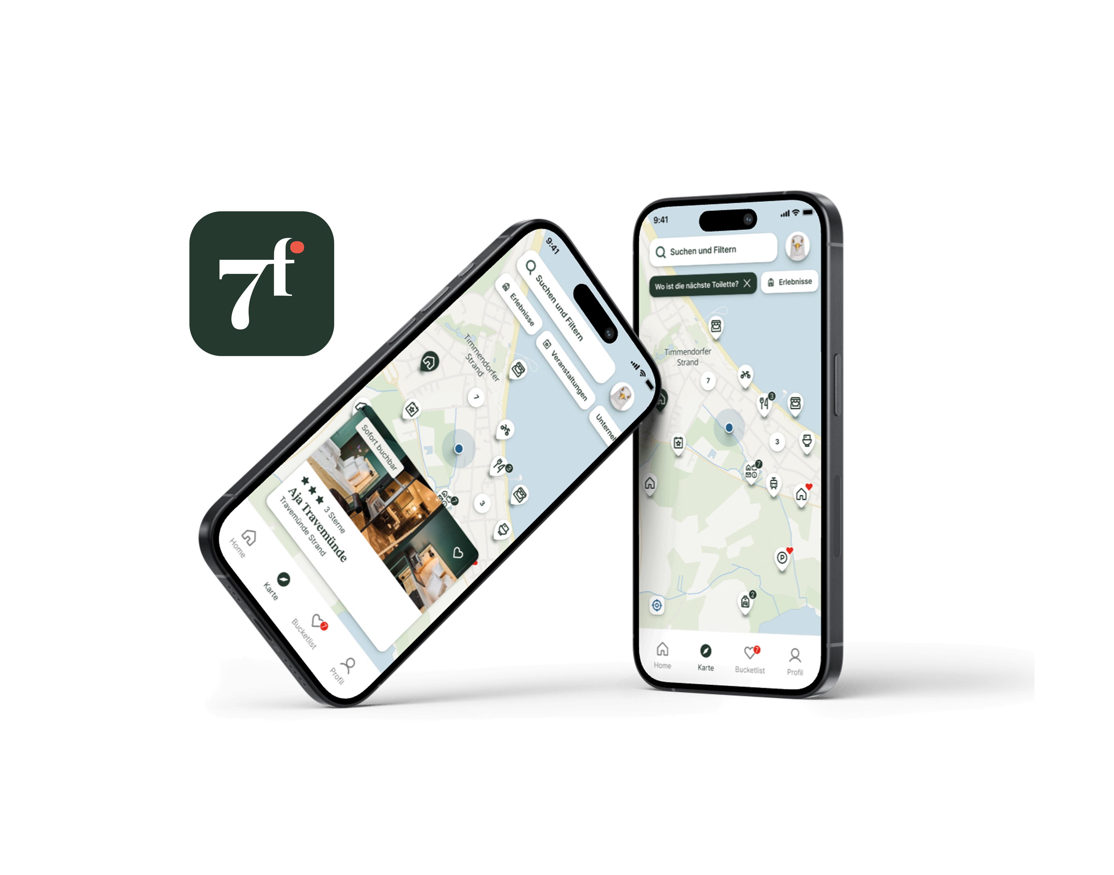 Die Grafik zeigt zwei Handys mit der 7fridays App, daneben steht ein App Logo.