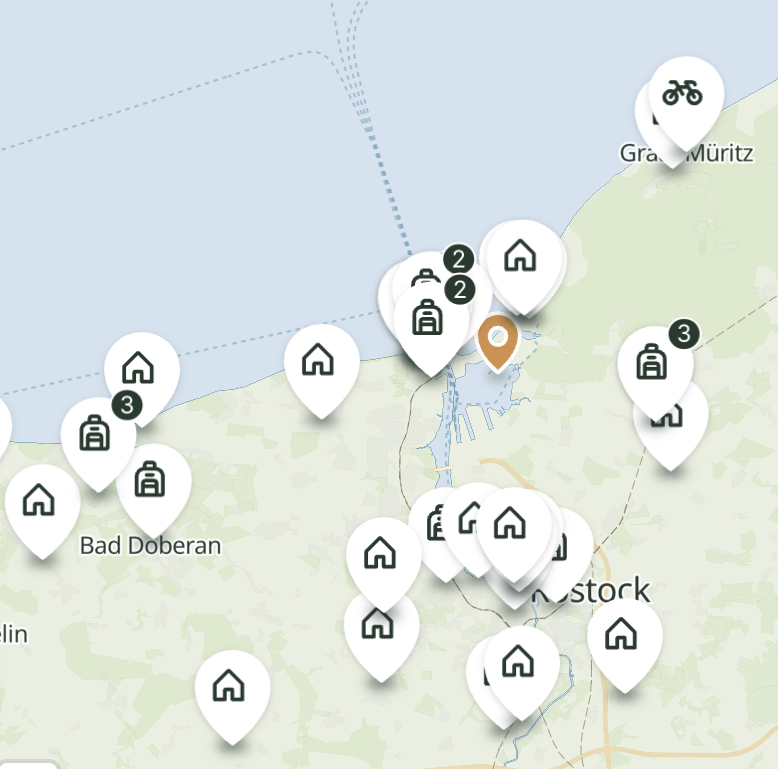 Karte der Mecklenburger Bucht die buchbare Unterkünfte Erlebnisse und Mietfahrräder Verleihe anzeigt
