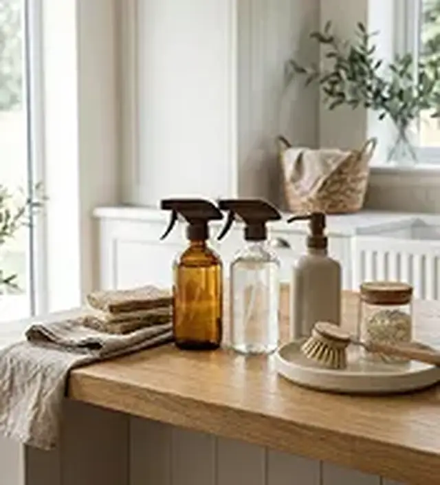cleaning product bottles on a table
