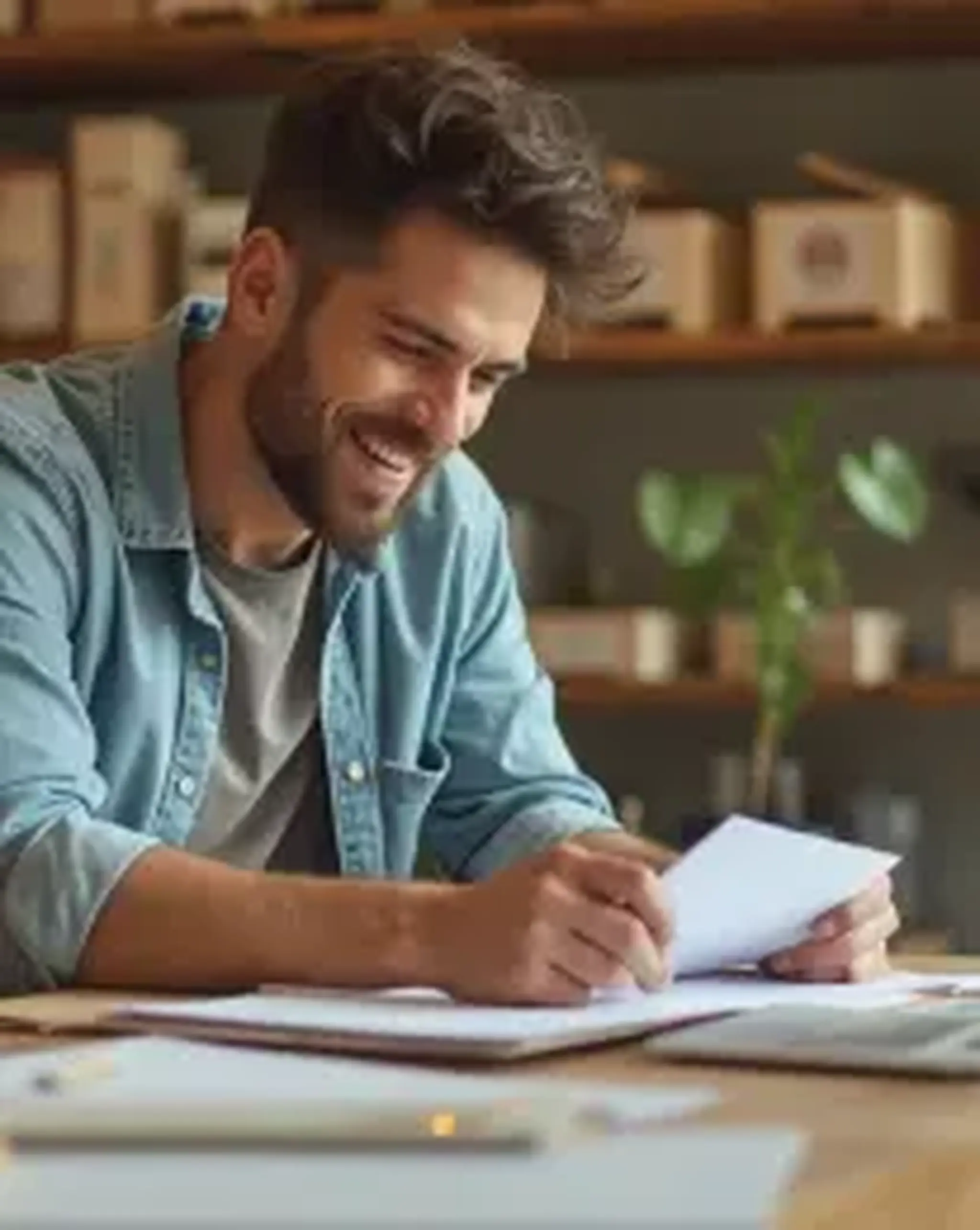 Man smiling and reading