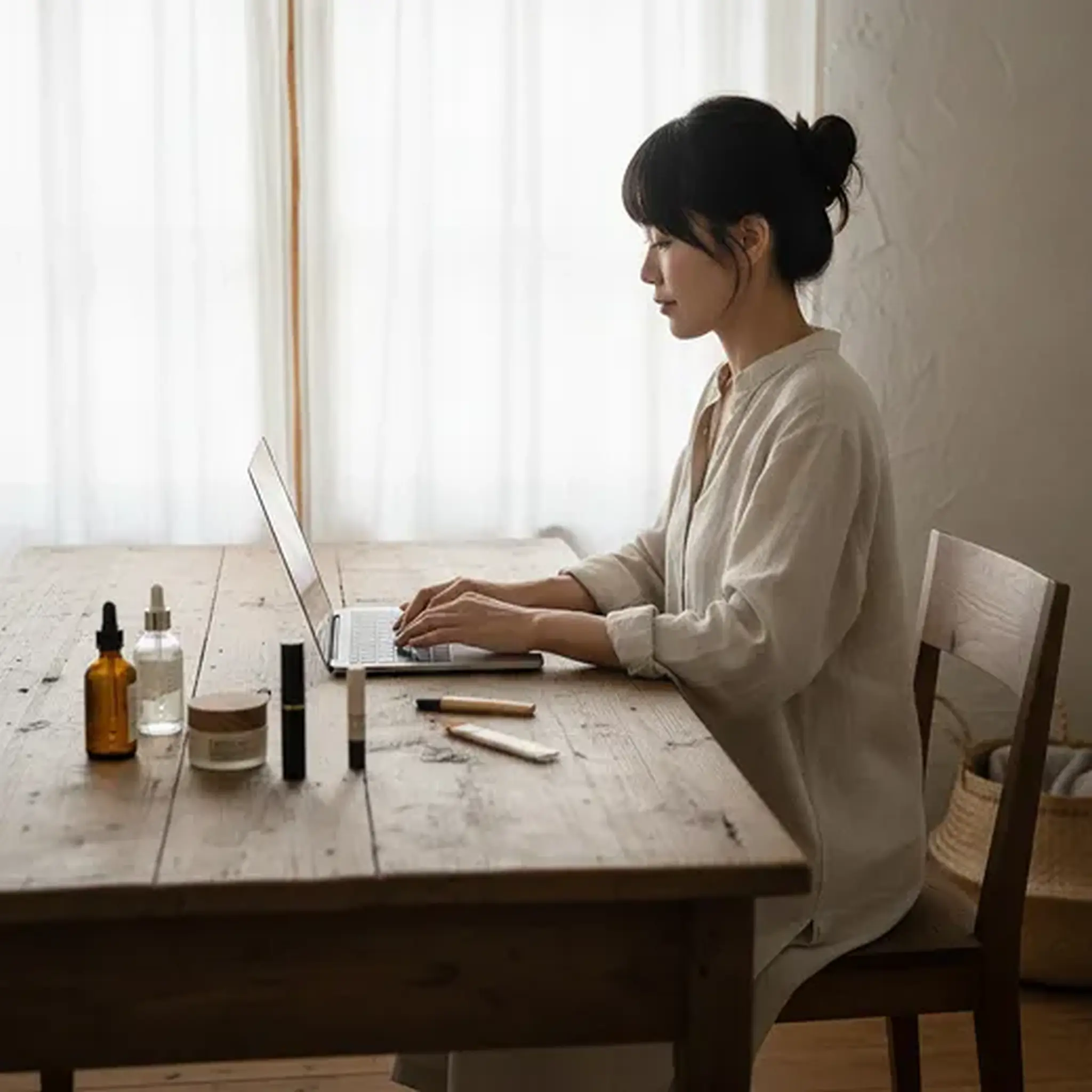 a woman working on a laptop at a wooden table