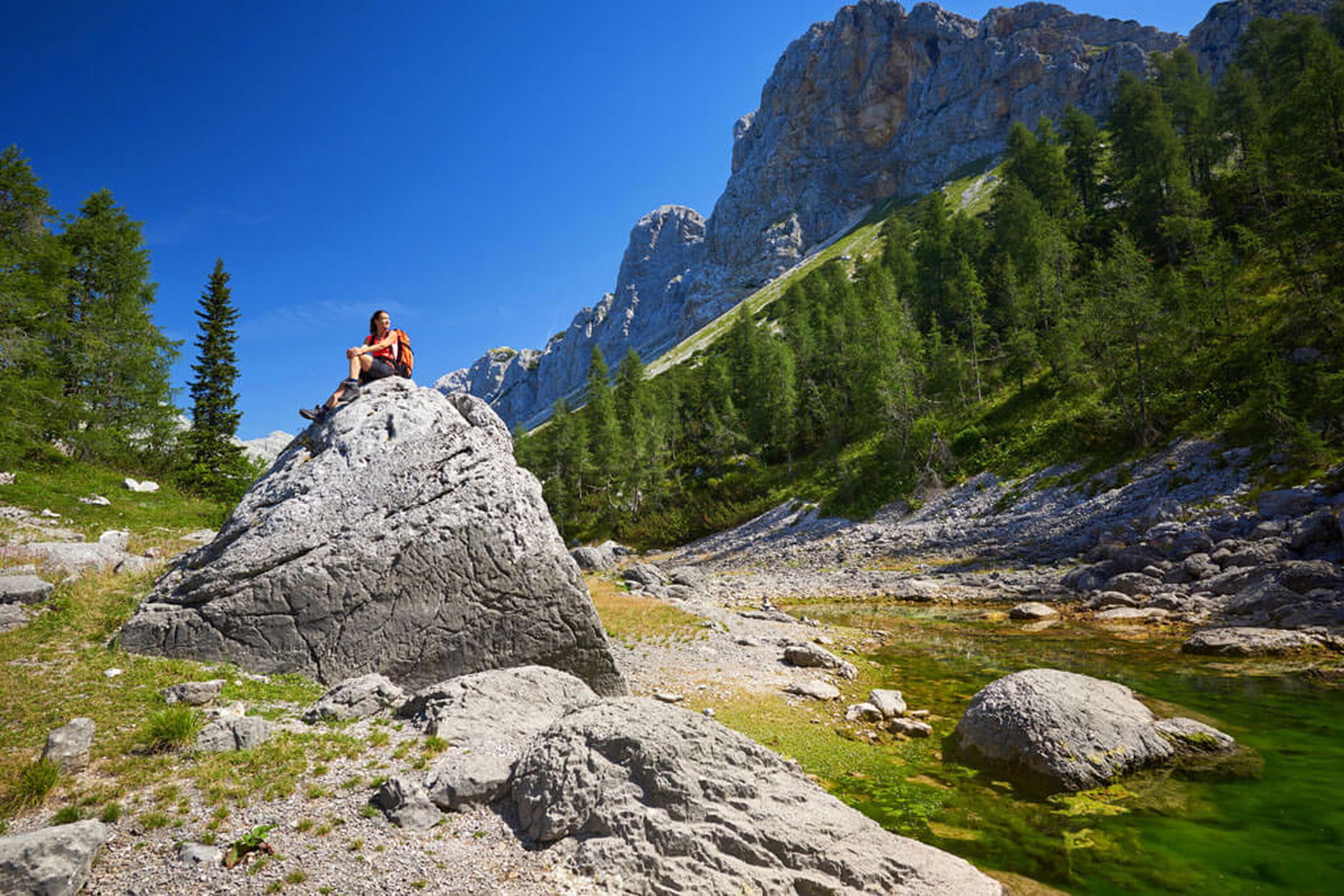 Eine Person in Wanderausrüstung sitzt auf einem großen Felsen in einer bergigen Landschaft mit grünen Bäumen und einem klaren blauen Himmel.