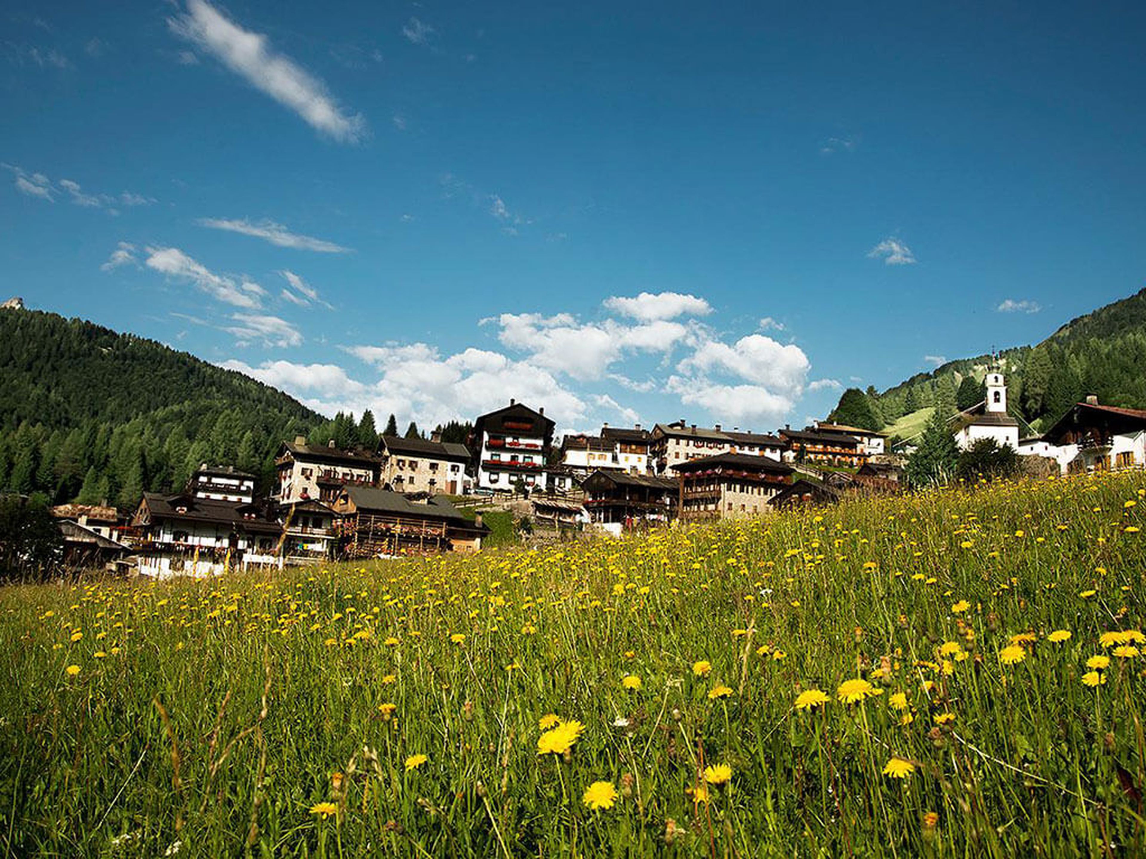 Blick auf ein Dorf am Hang mit traditionellen Gebäuden, umgeben von üppig grünen Hügeln und einem Feld mit gelben Wildblumen unter blauem Himmel.