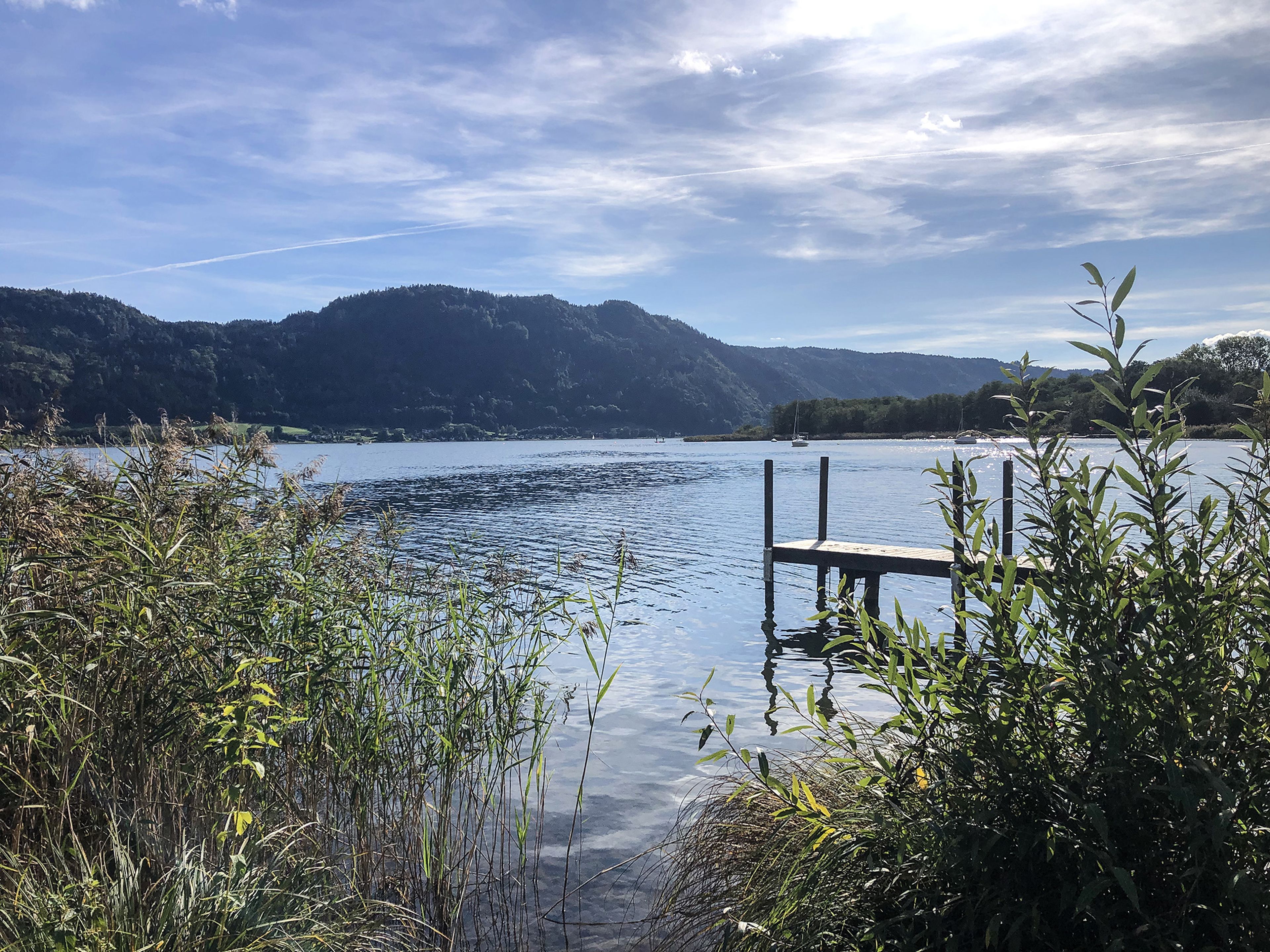 Ein ruhiger See mit einem hölzernen Steg, umgeben von üppigem Grün und Bergen unter einem teilweise bewölkten Himmel.
