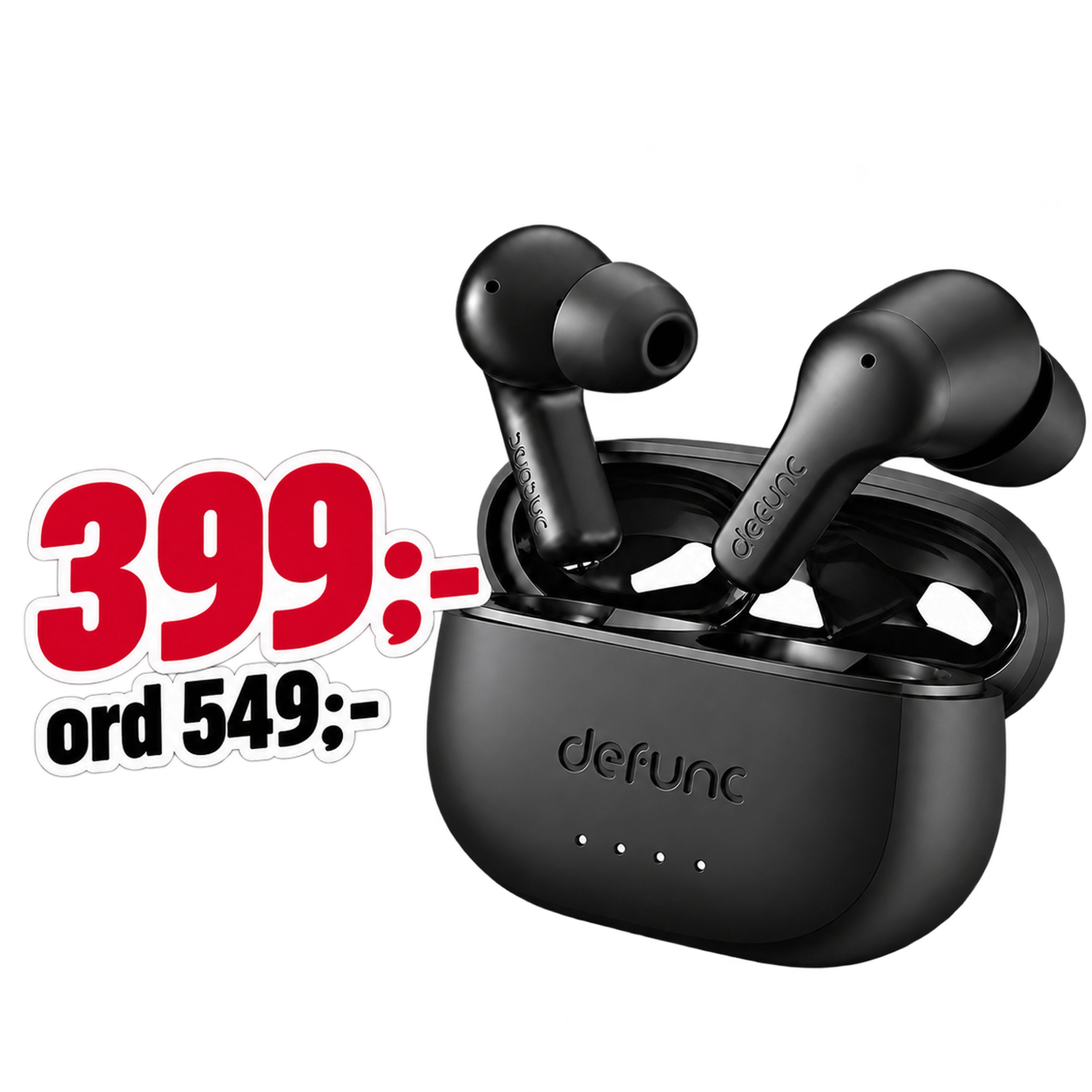 Black wireless earbuds in a charging case with "defunc" branding, priced at 399, reduced from 549.