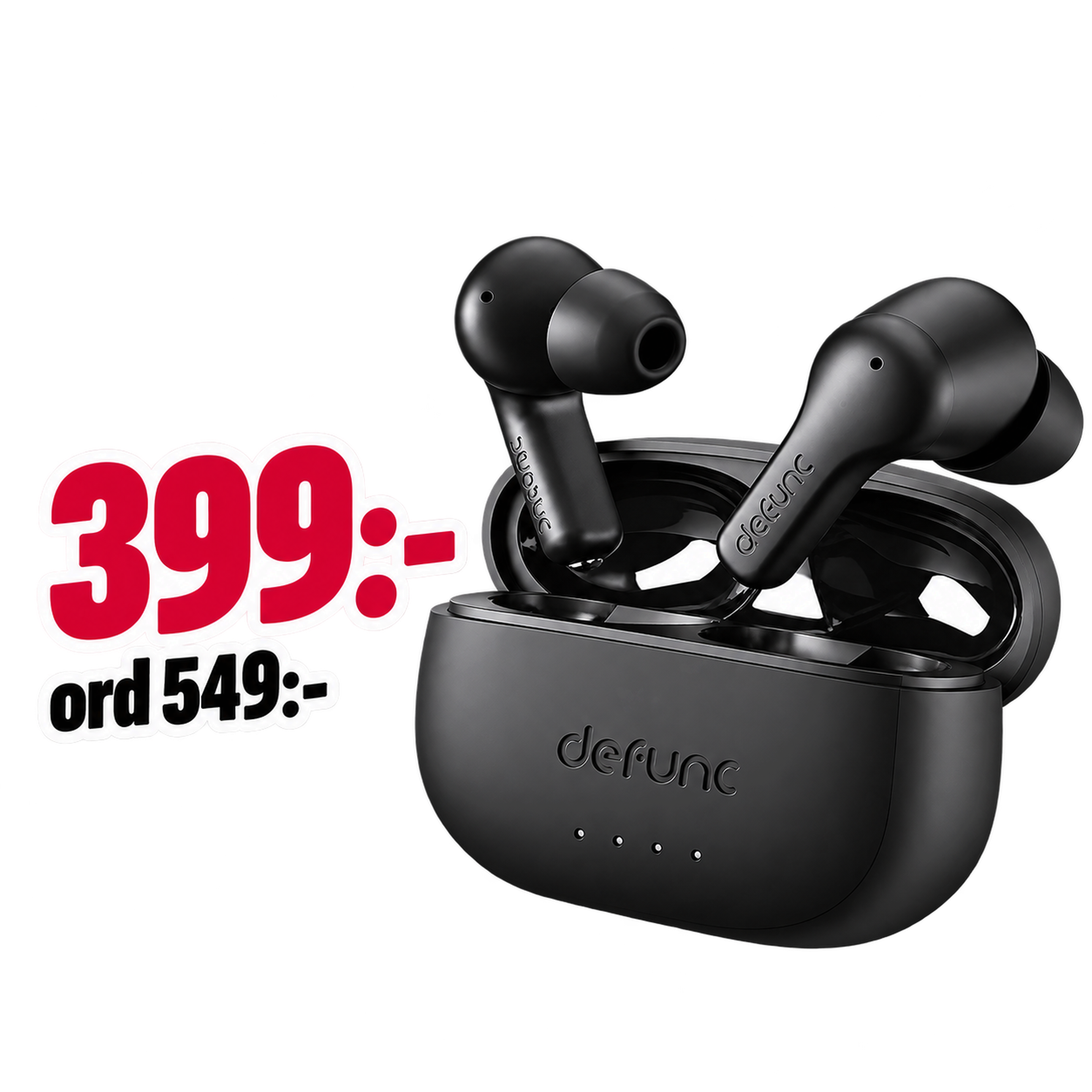Black wireless earbuds in a charging case with "defunc" branding. Price at 399 was 549.