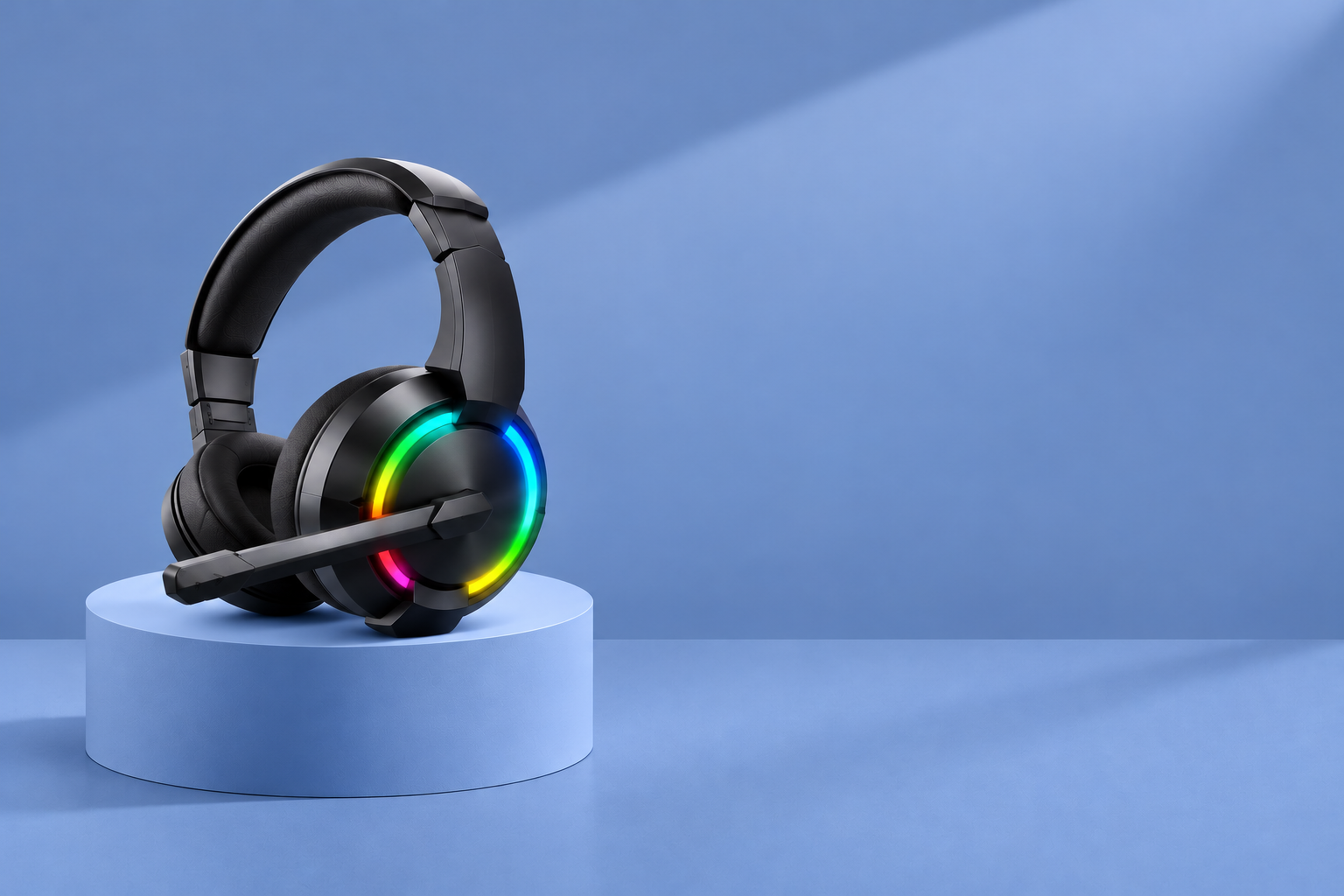 Black gaming headset with RGB lighting on ear cups and a microphone, placed on a light blue cylindrical platform against a blue background.