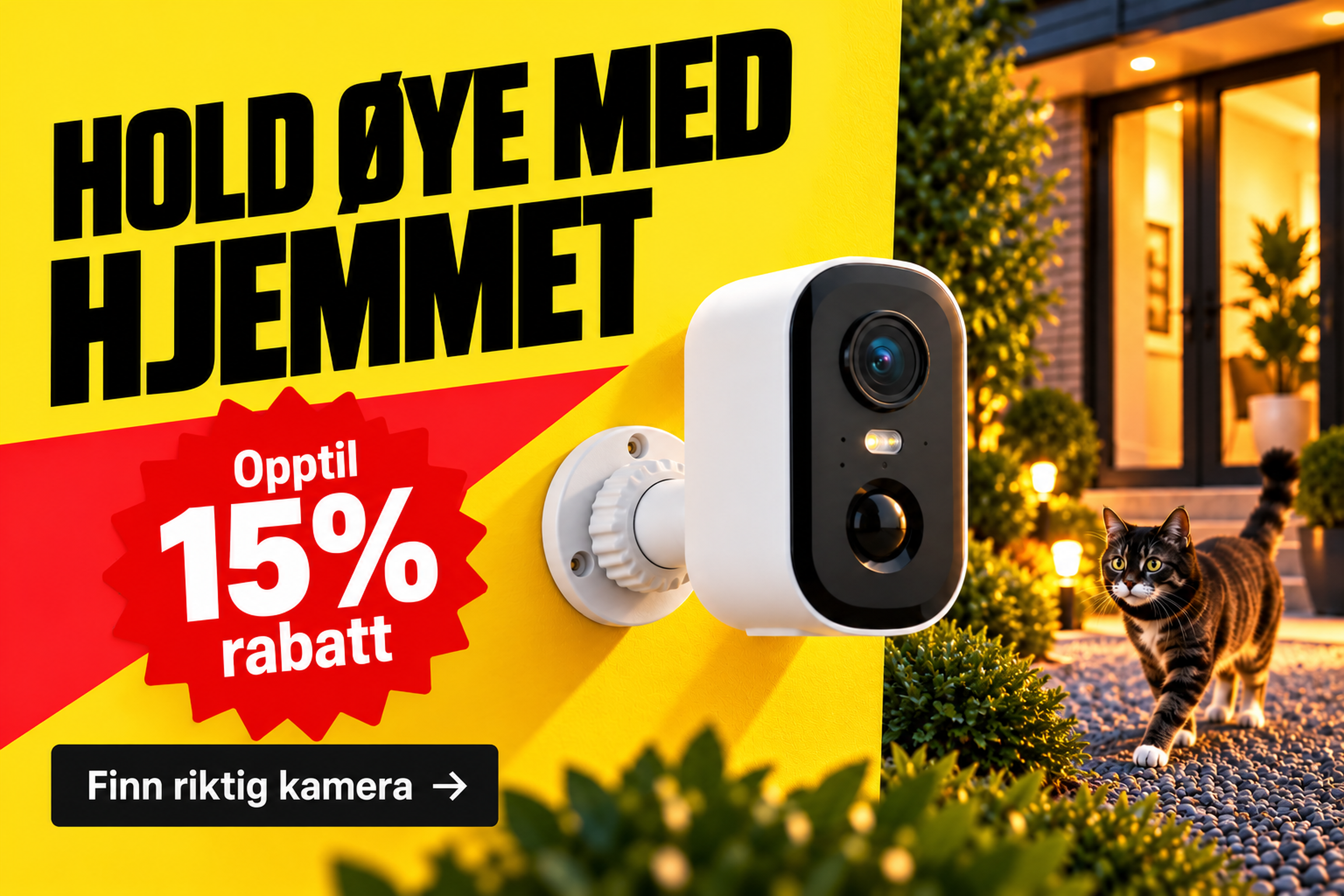 Security camera on a wall, promotional text in Norwegian, and a cat walking through a garden with lights and plants in the background.