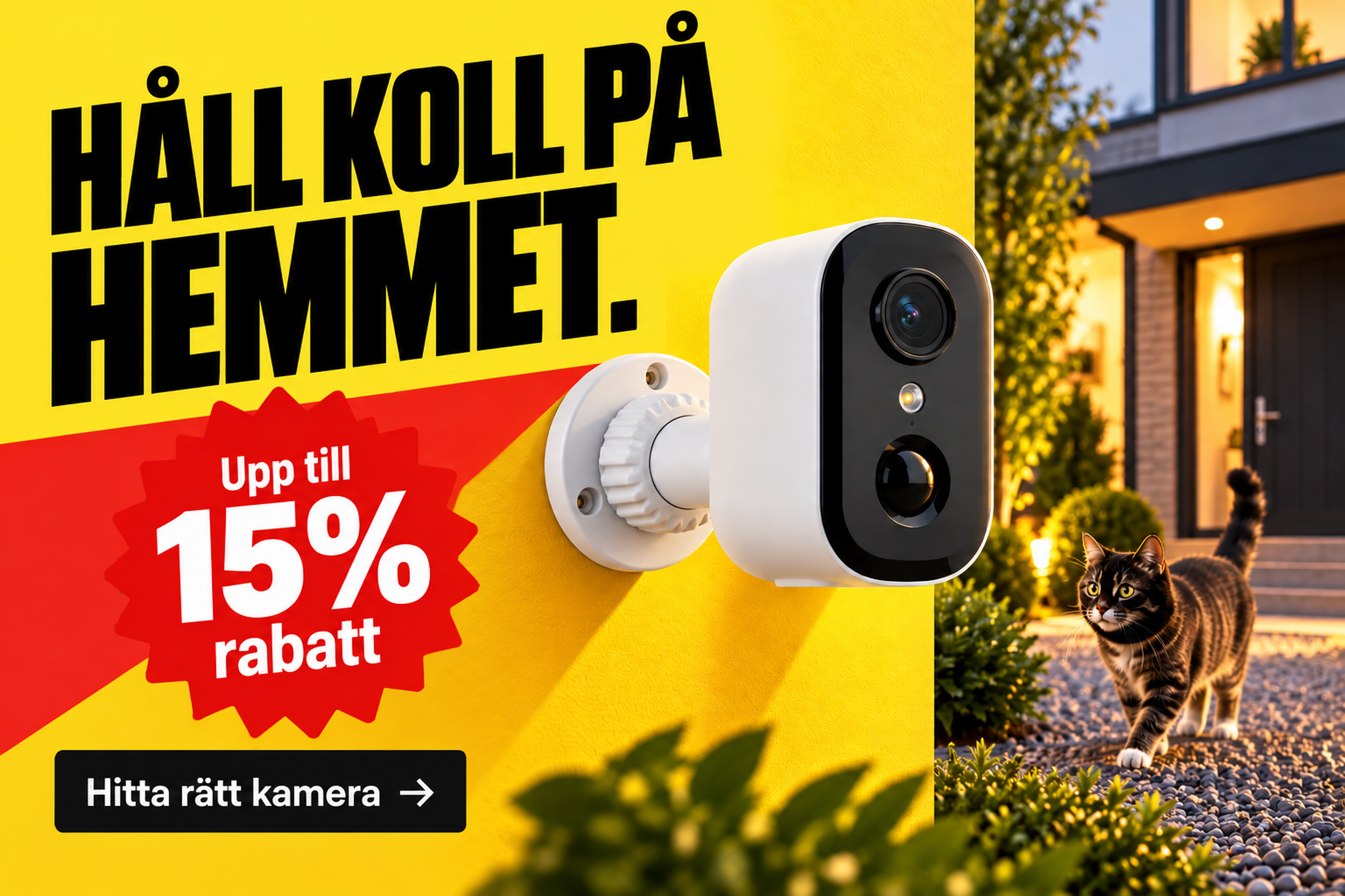 Surveillance camera on a yellow wall with a special offer, and a cat walks on a gravel path to a house entrance.