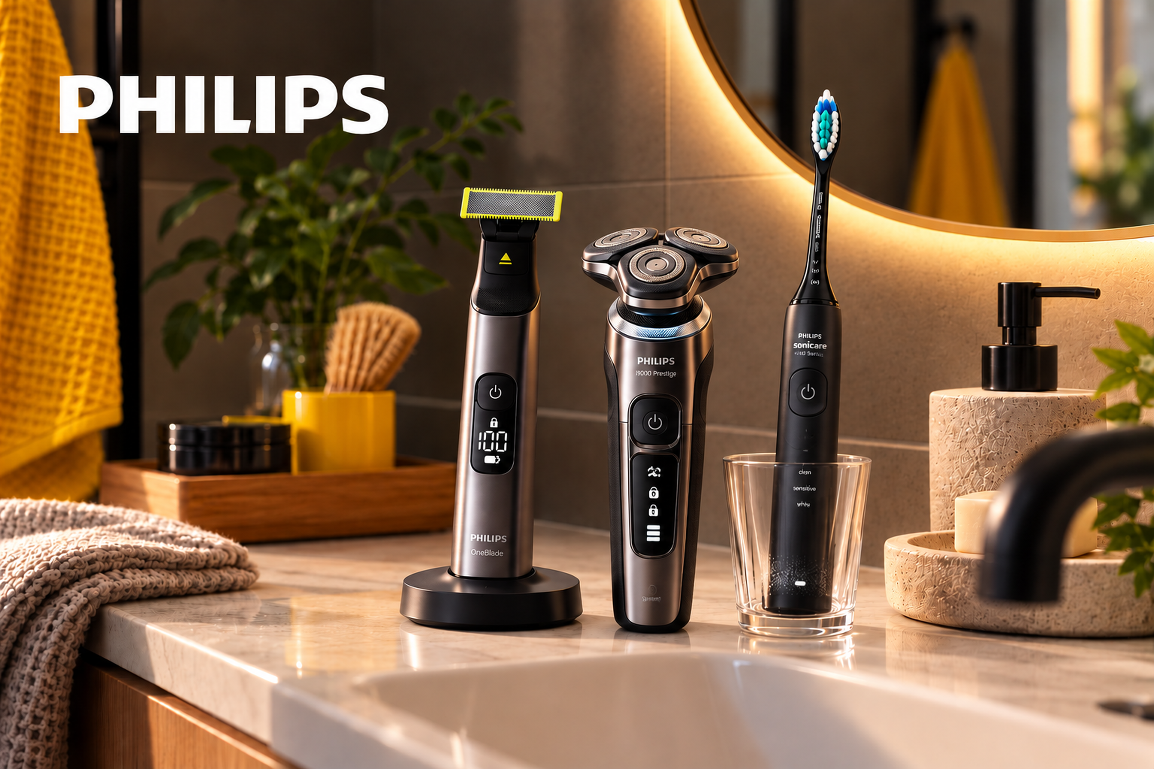Bathroom counter with Philips grooming products: a trimmer, electric shaver, and toothbrush, set against a mirror and surrounded by decor.
