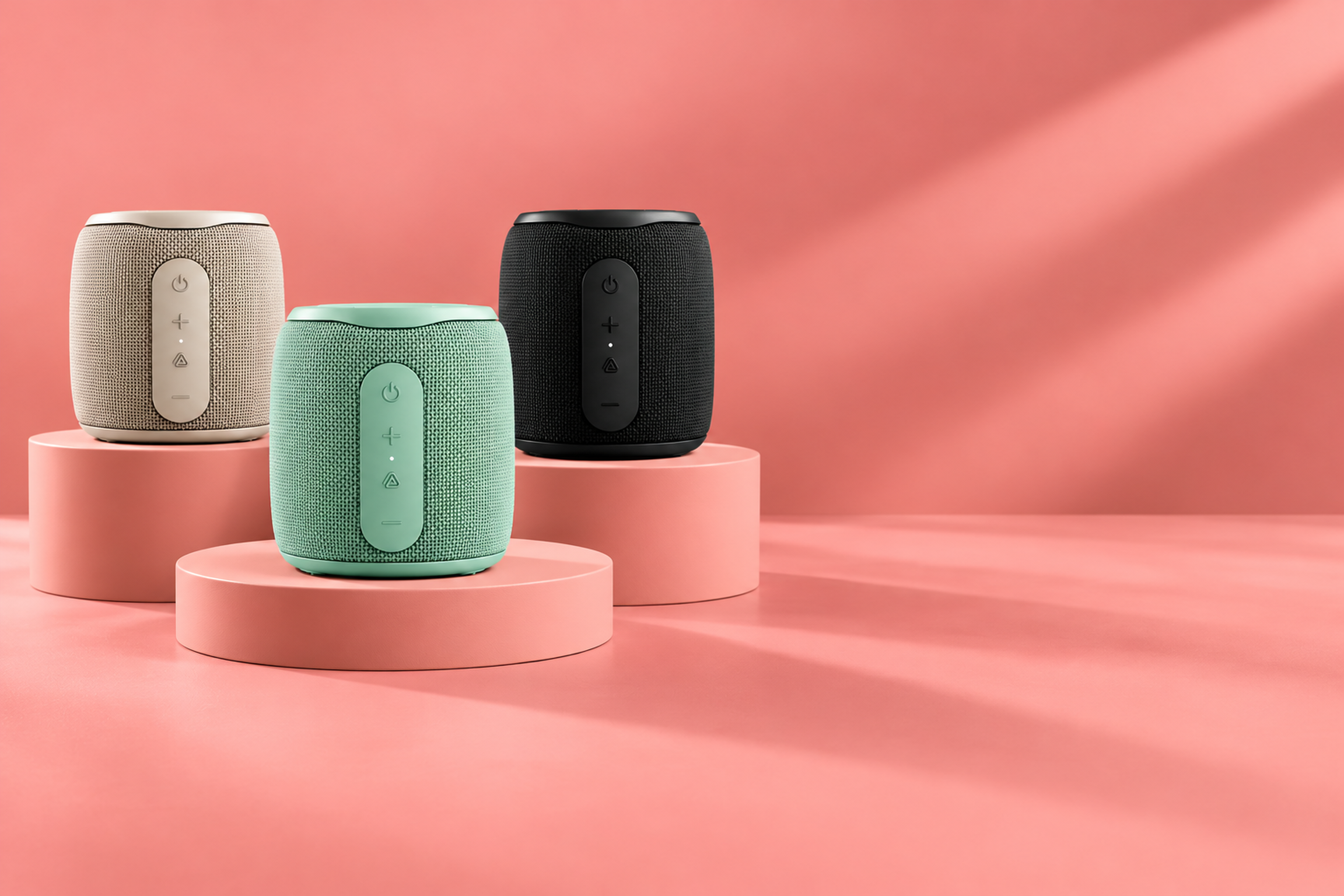 Three portable speakers in beige, green, and black on pink platforms with a pink background.