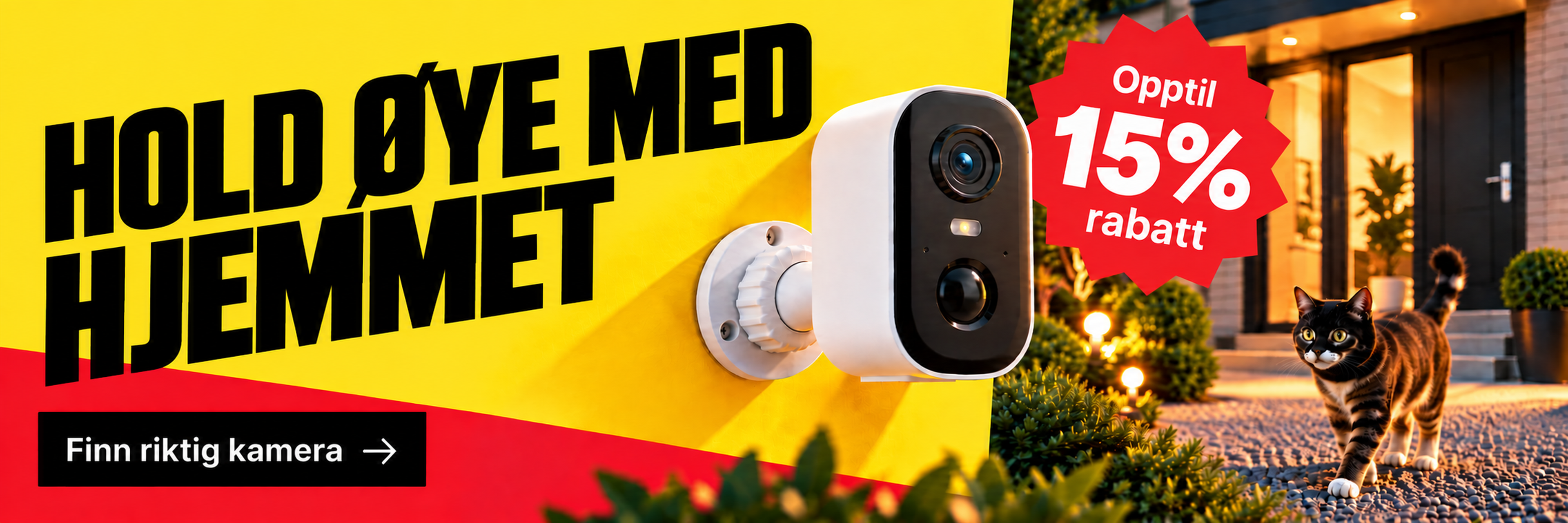 Yellow advertisement featuring a security camera with a "15% off" label. A cat walks on a path leading to a modern house.