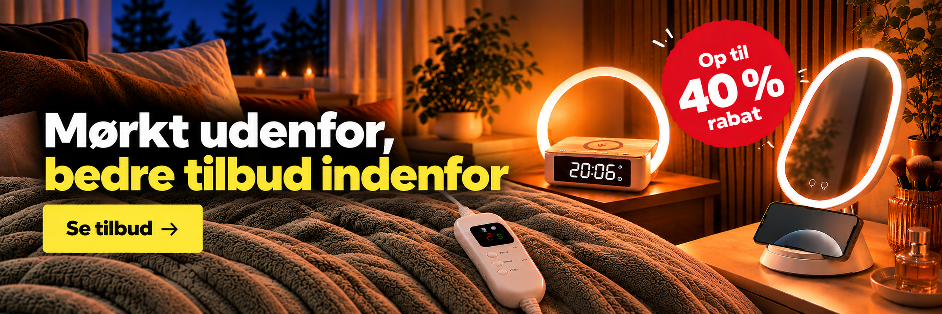 Cozy bedroom scene with glowing bedside lamps and a digital clock displaying 20:06. Text offers up to 40% discount on products.