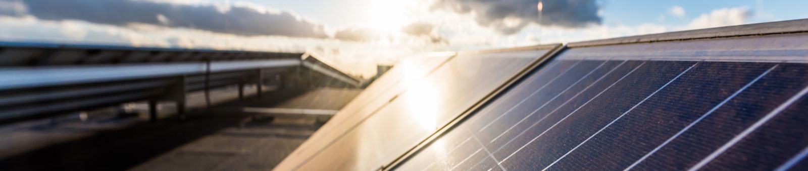 Blick auf großflächige Photovoltaik-Anlage kurz vor Sonnenuntergang